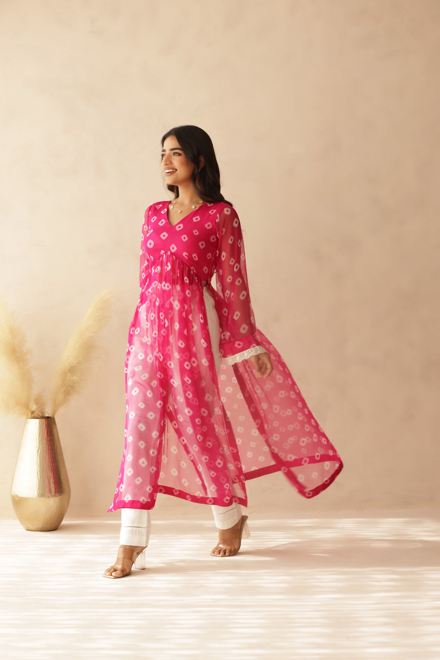 NAAVI PINK BANDHEJ KURTA SET