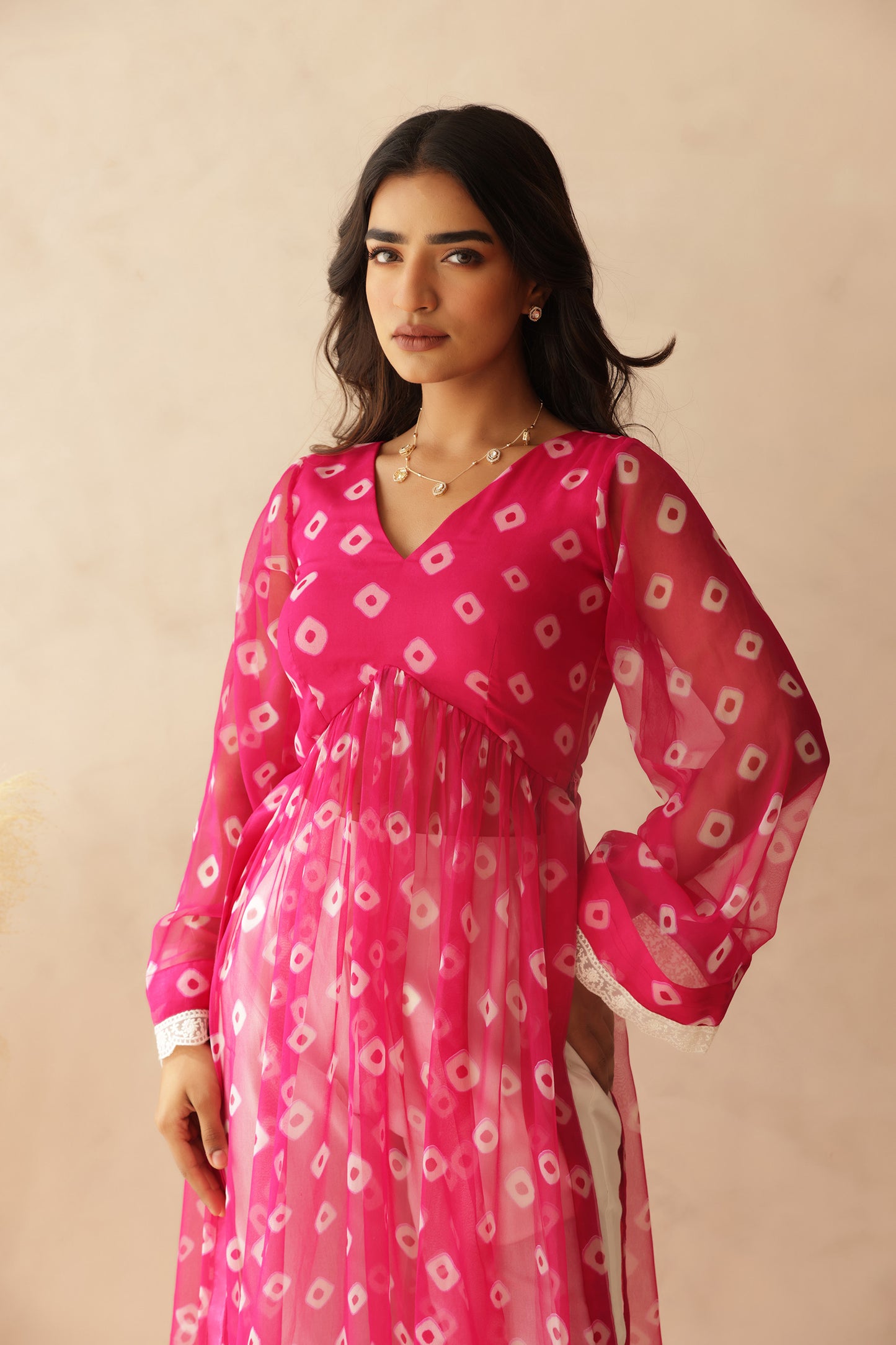 NAAVI PINK BANDHEJ KURTA SET