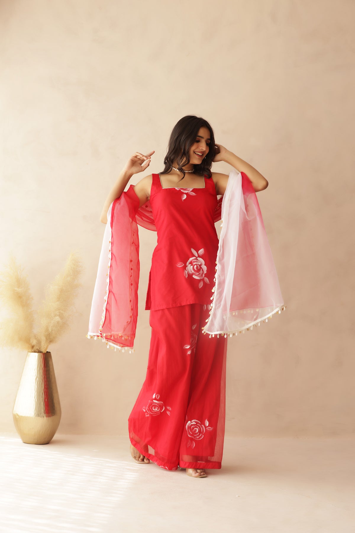 HEER RED HANDPAINTED PALAZZO SET