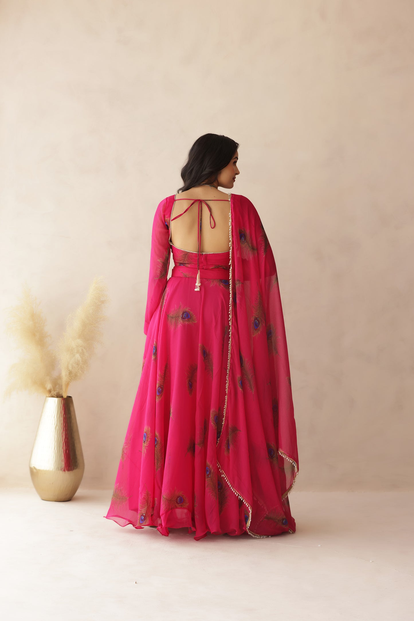 PARINA PINK PEACOCK FEATHER LEHENGA