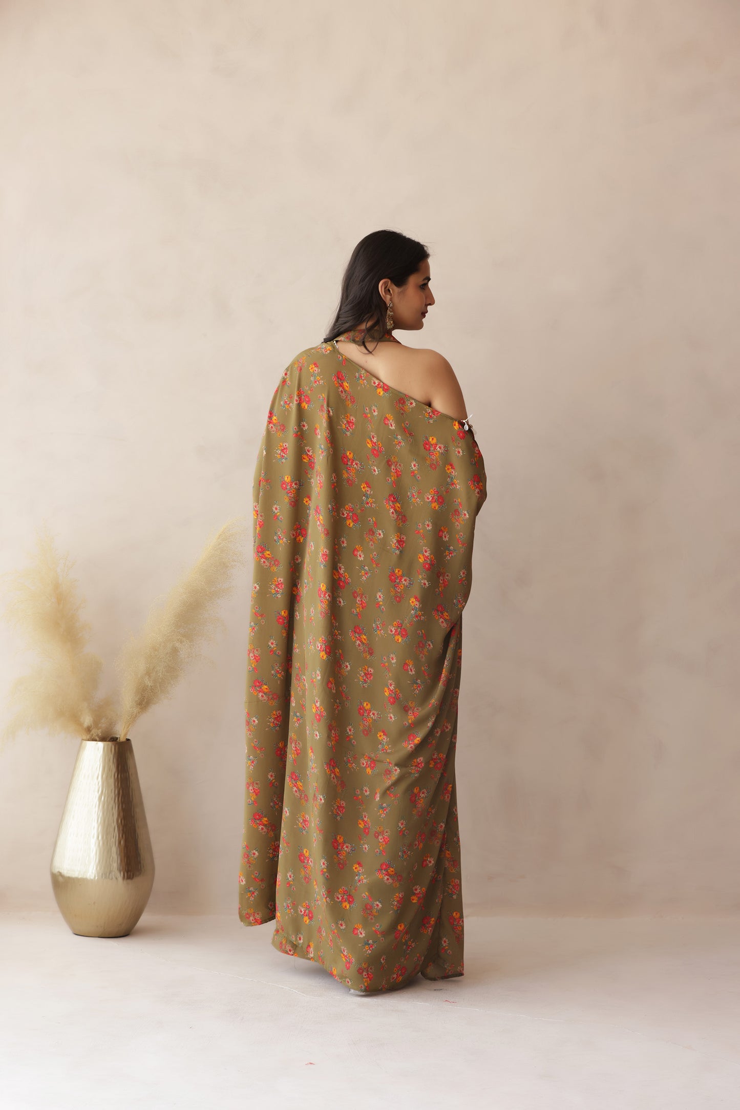 MANVI OLIVE GREEN MULMUL FLORAL SHRUG SET