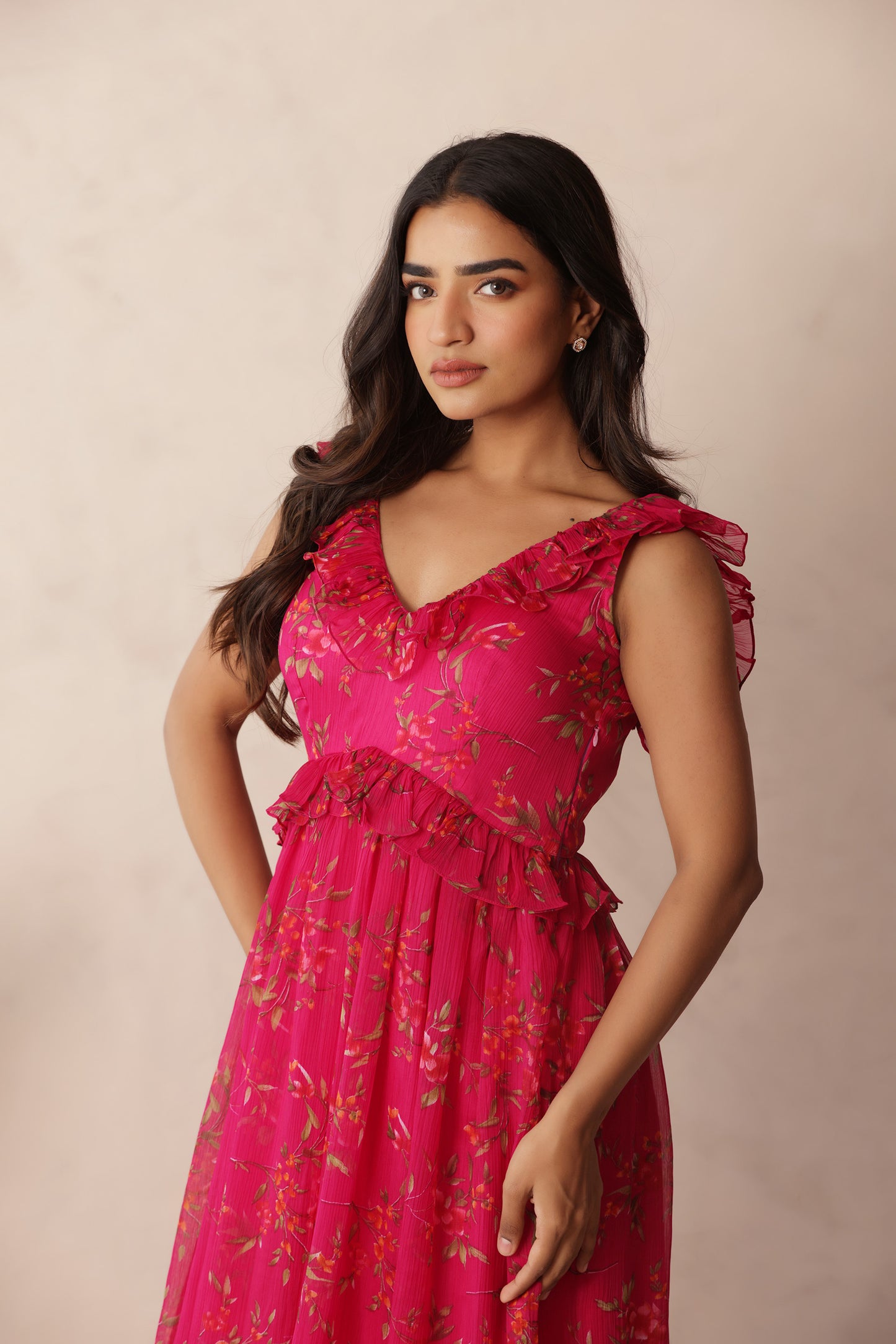 EVA PINK RUFFLE FLORAL DRESS