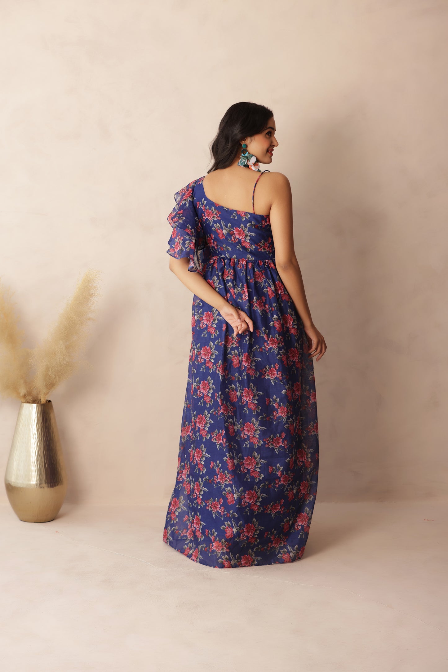 STELLA DARK BLUE FLORAL PRINTED ONE SHOULDER DRESS