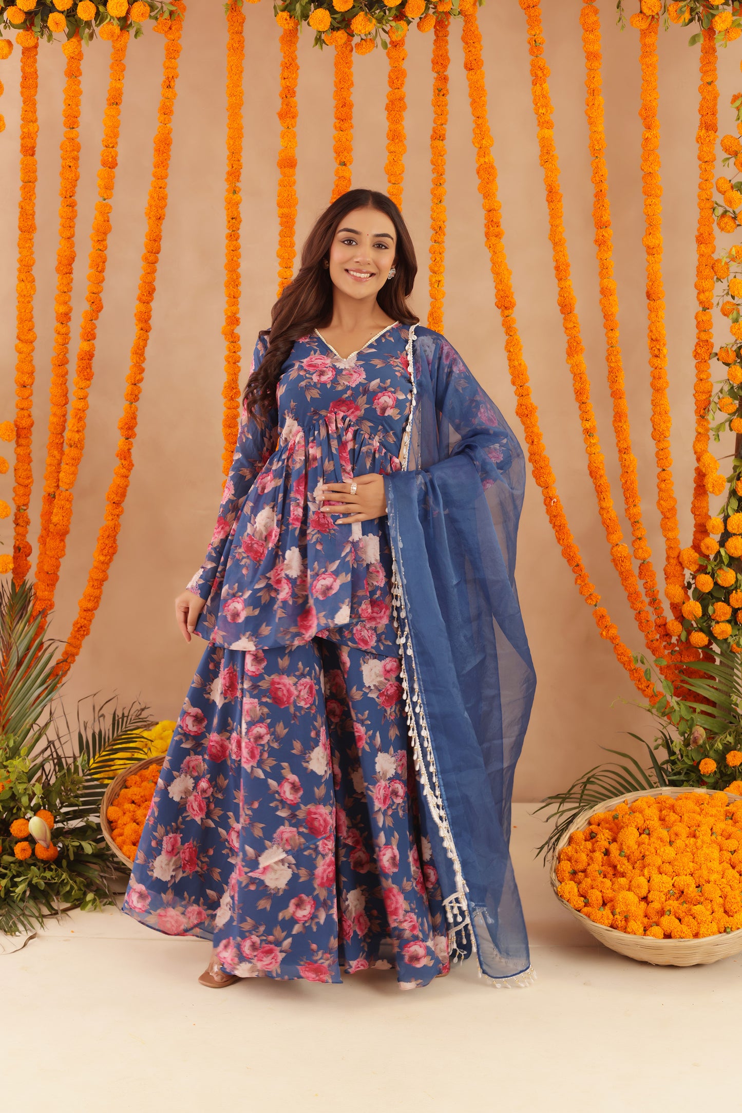 VEERA BLUE FLORAL PRINTED PALAZZO SET