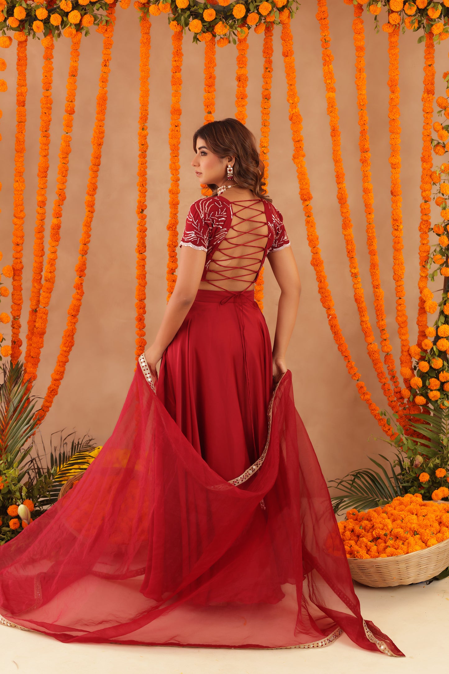 RASHA RED DETAILED LEHENGA SET