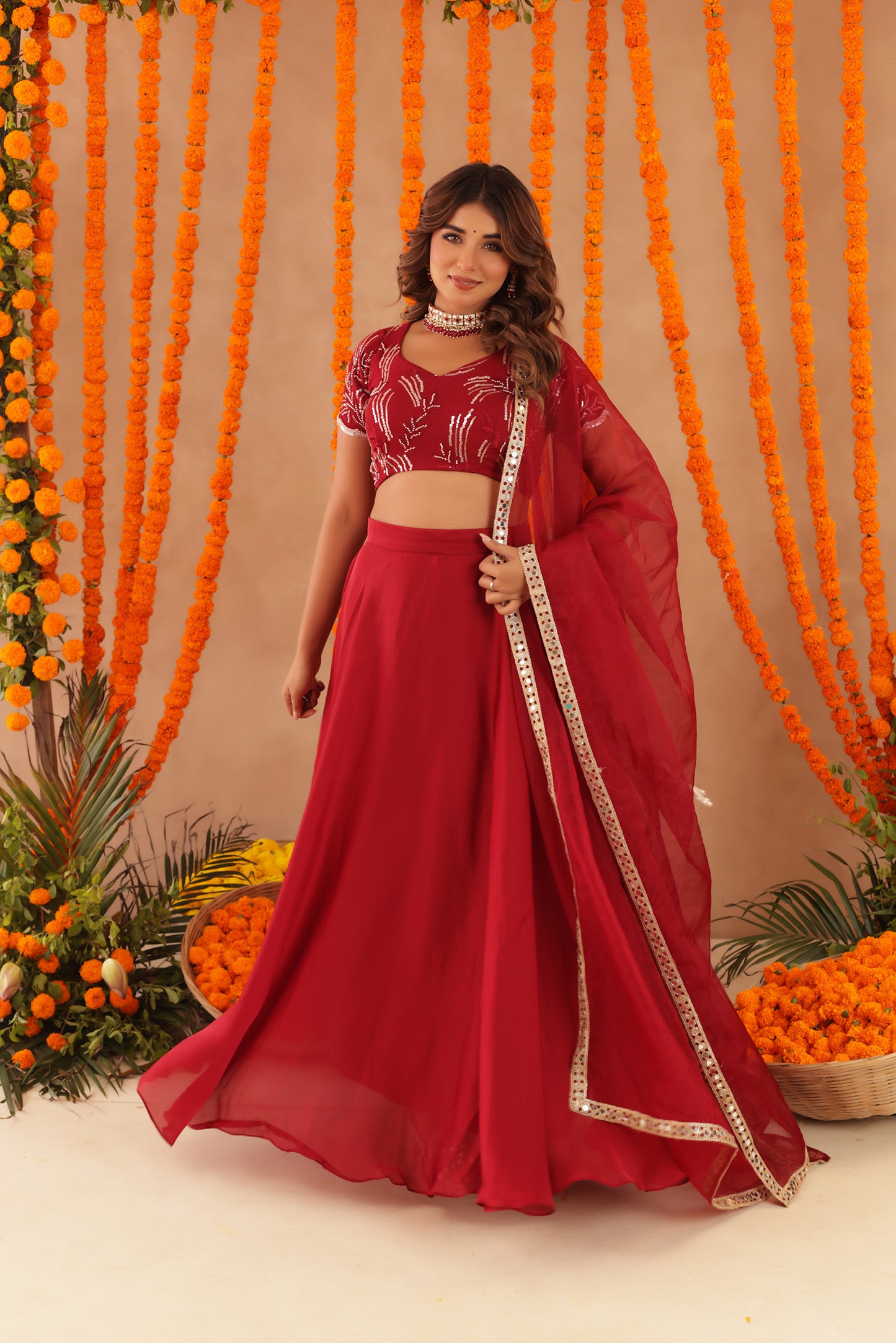 RASHA RED DETAILED LEHENGA SET