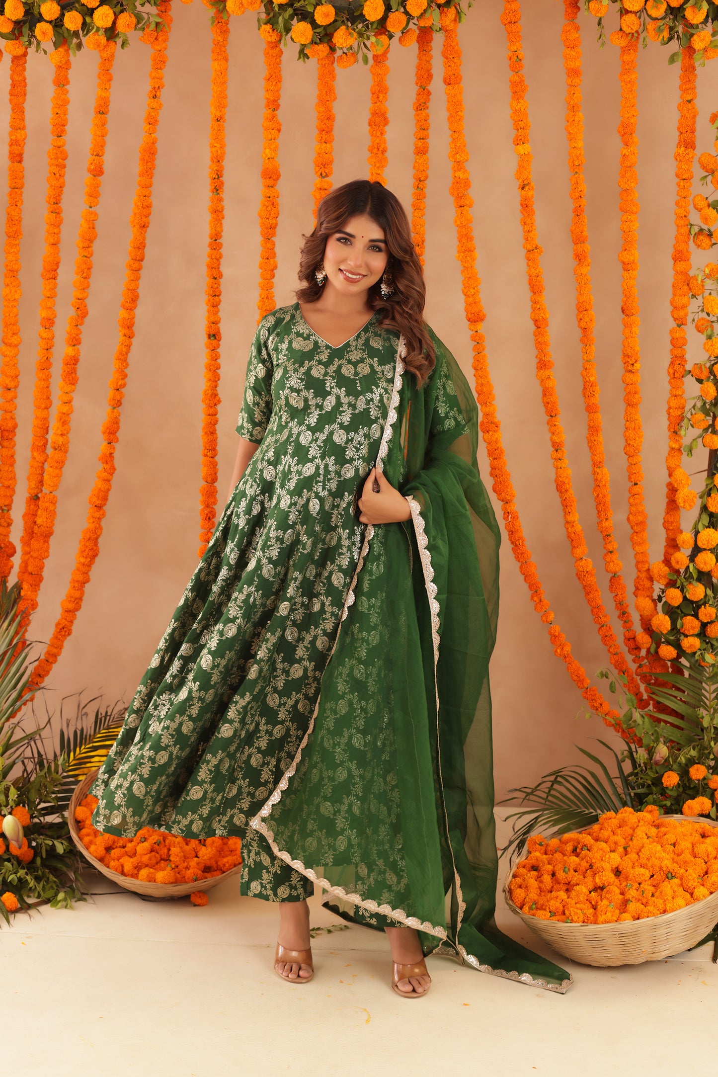 GUL GREEN BROCADE ANARKALI SET