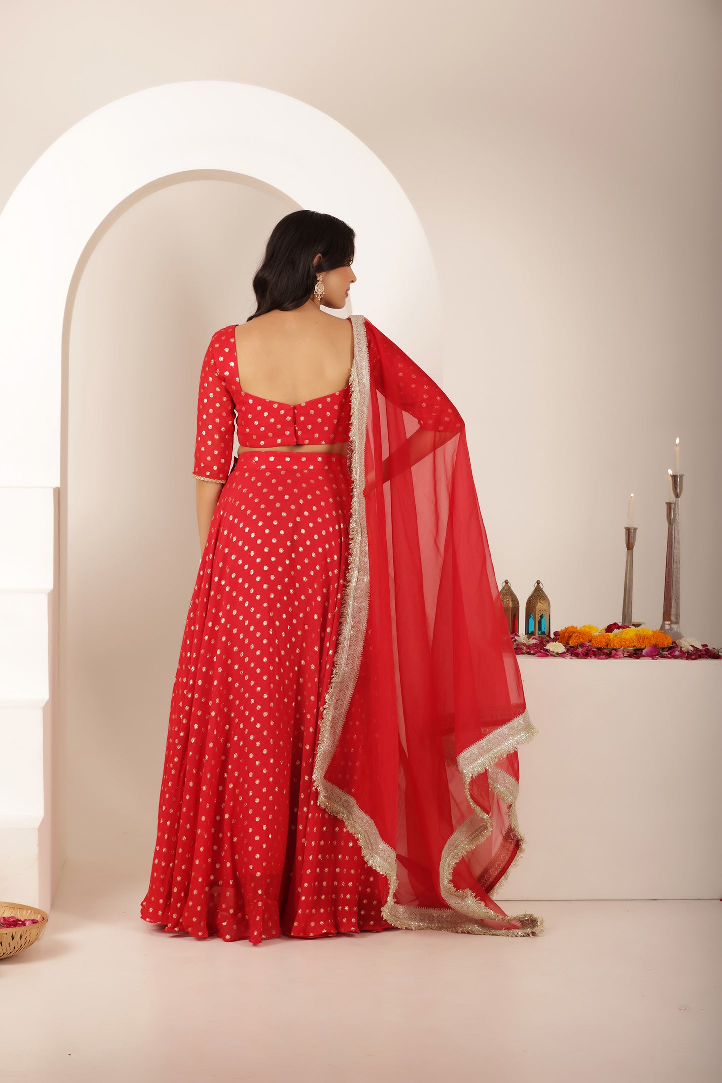 JIVIKA RED BUTI LEHENGA
