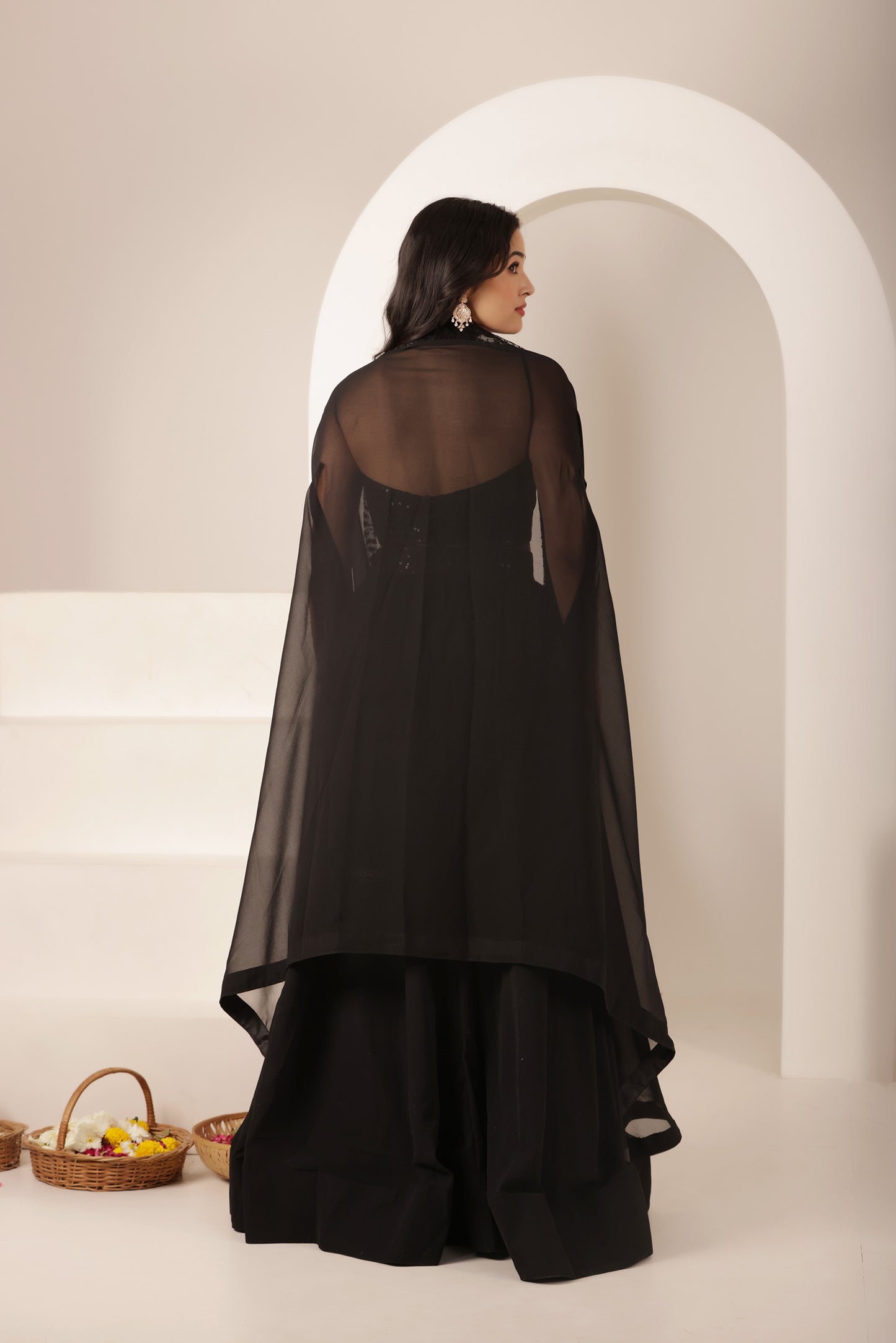 SAMIRA BLACK NET EMBROIDERED SHRUG SET