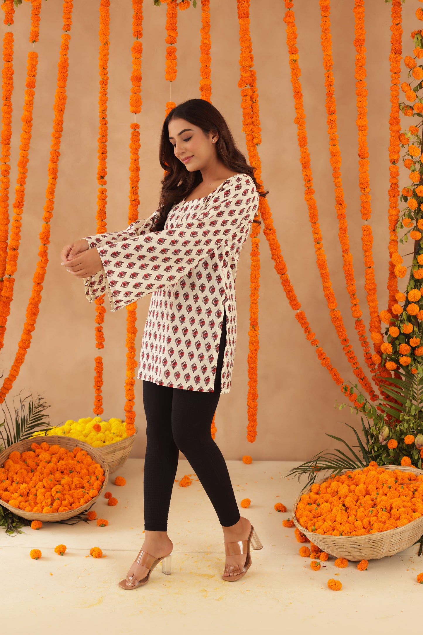 YAMIKA FLORAL COTTON BELL SLEEVES SHORT KURTI