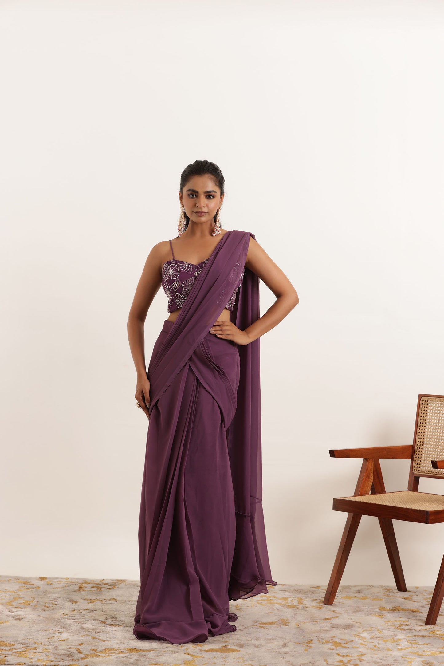TAMANNA REGAL PURPLE PRE DRAPED RUFFLE SAREE Deasha India