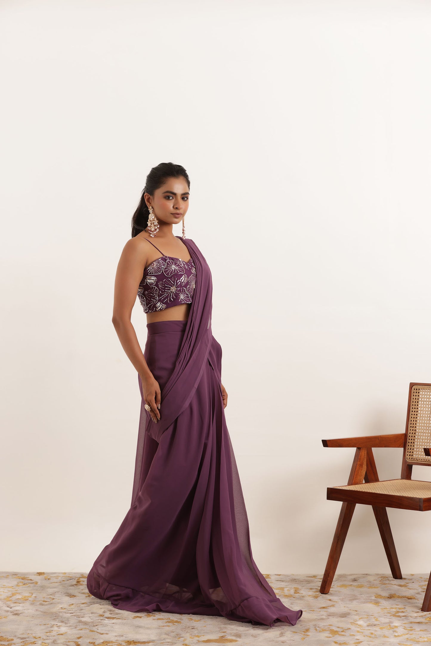 TAMANNA REGAL PURPLE PRE DRAPED RUFFLE SAREE Deasha India