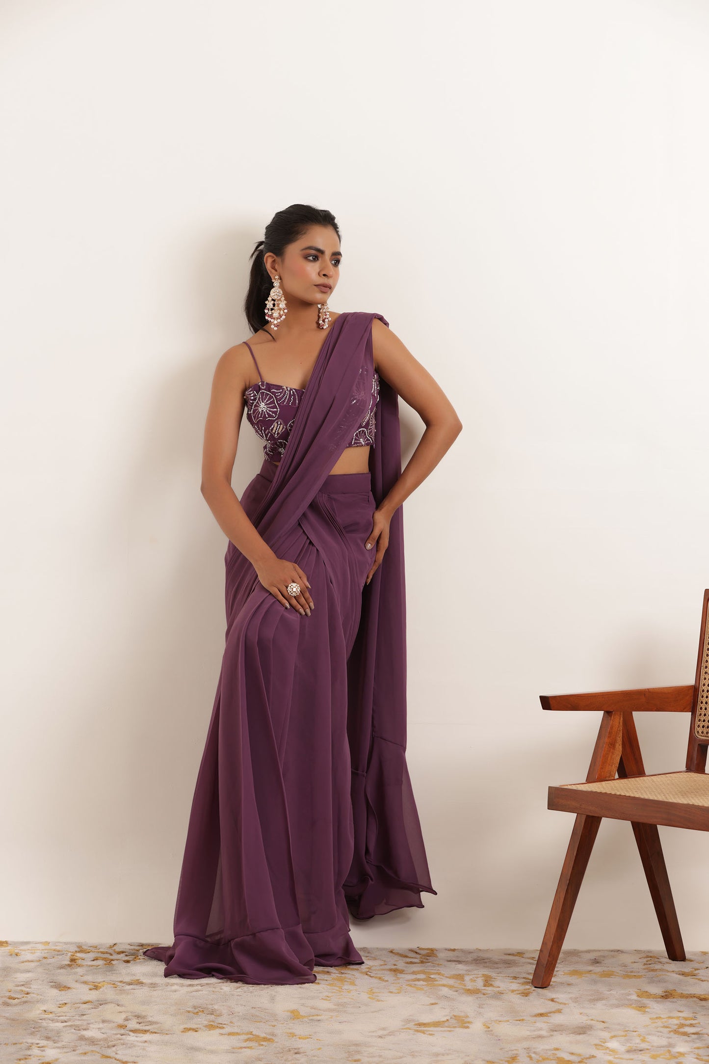 TAMANNA REGAL PURPLE PRE DRAPED RUFFLE SAREE Deasha India