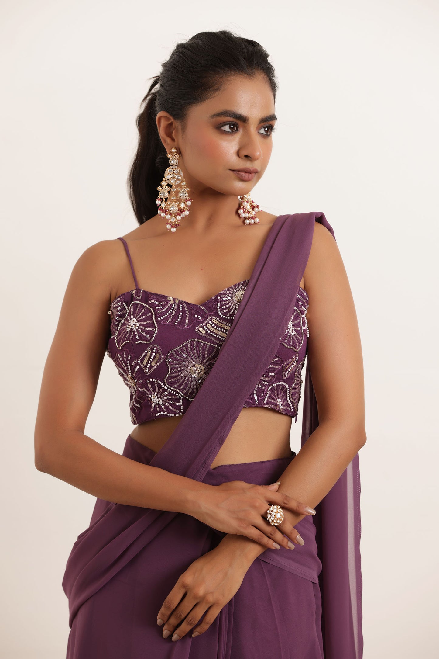 TAMANNA REGAL PURPLE PRE DRAPED RUFFLE SAREE Deasha India