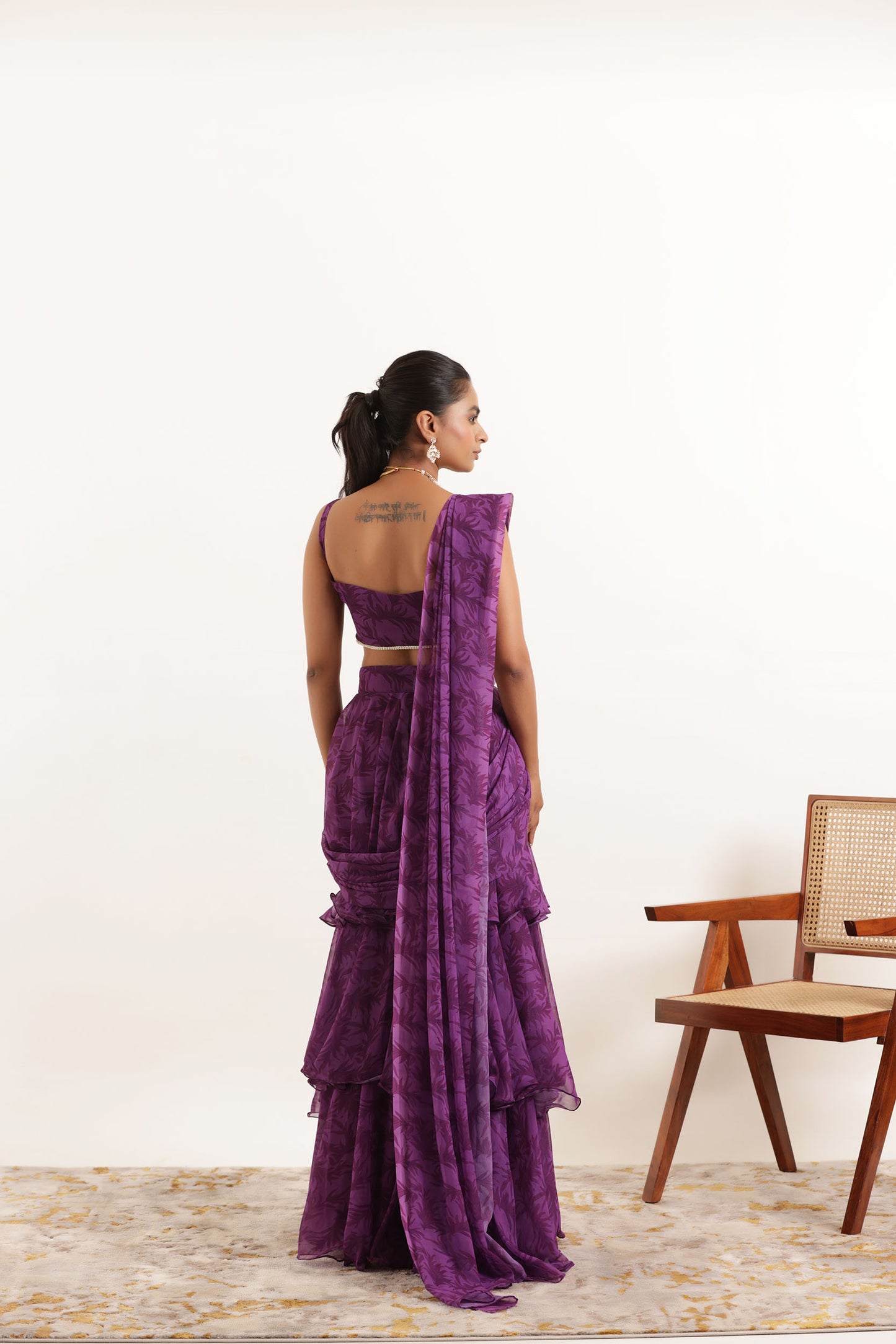 AALIA PURPLE FLORAL PRINTED RUFFLE PRE DRAPED SAREE Deasha India
