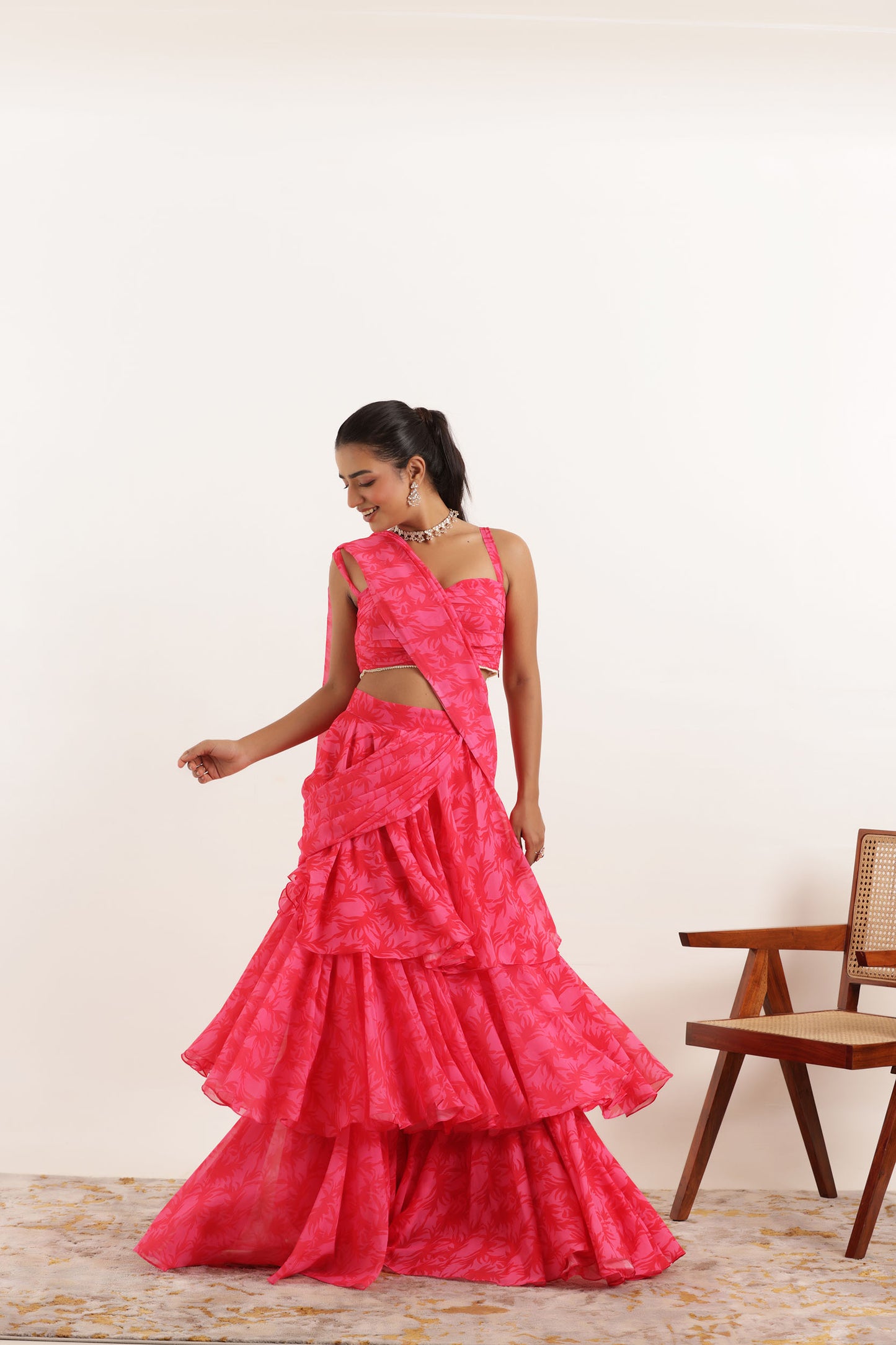 ANVI PINK FLORAL PRINTED RUFFLE PRE DRPAED SAREE Deasha India