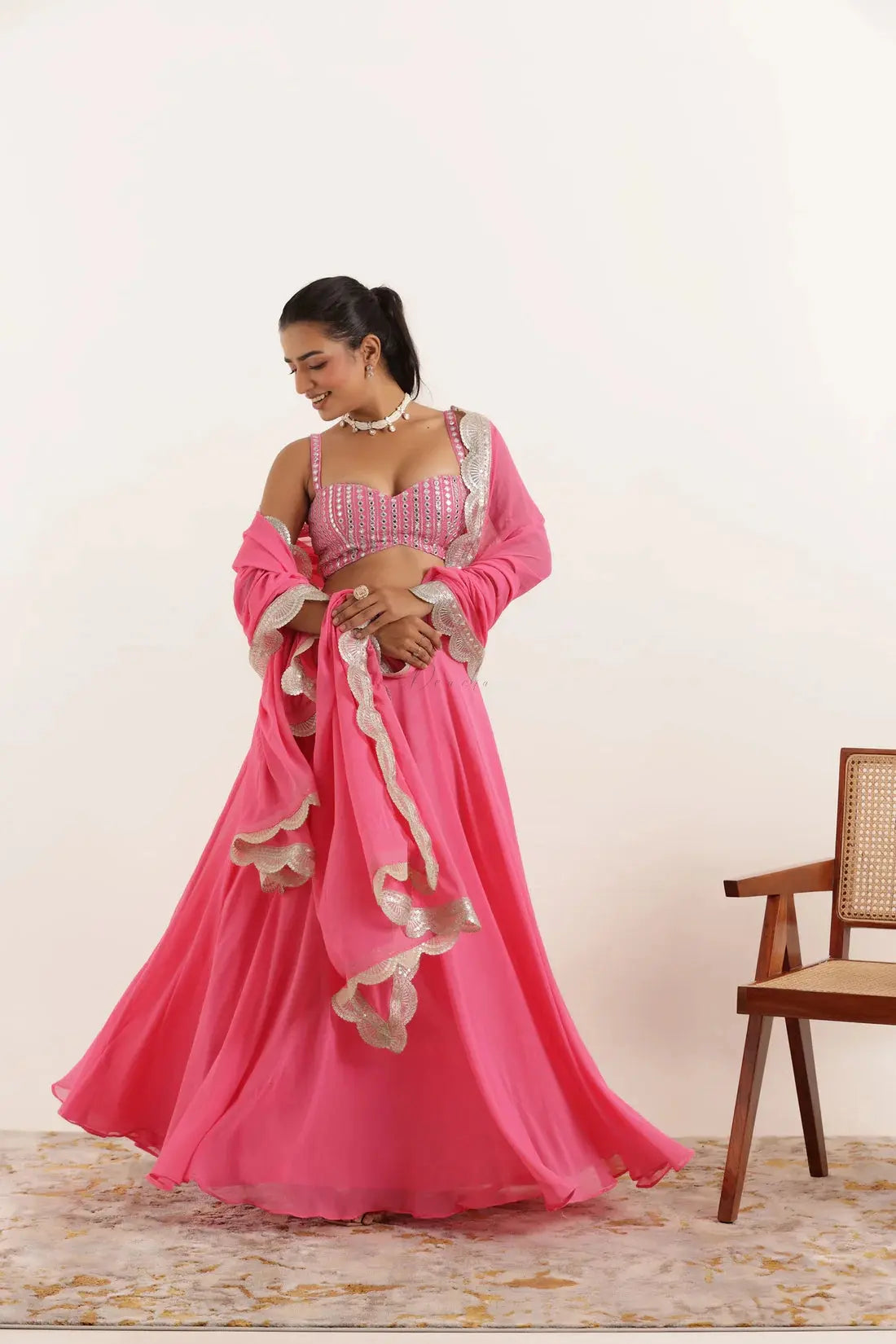 AISHA LIGHT NEON GREEN DETAILED LEEHNAG SET Deasha India