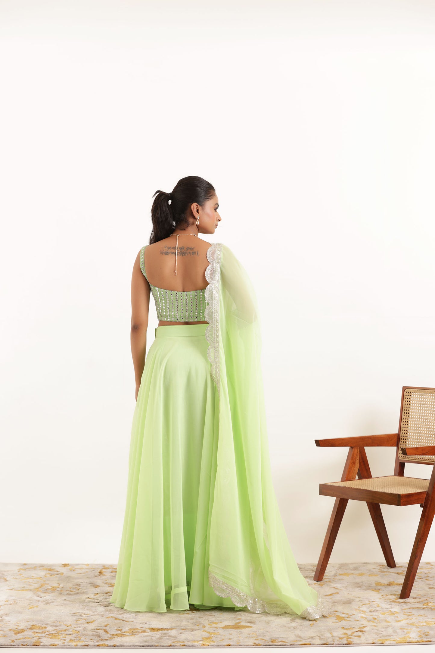 AISHA LIGHT NEON GREEN DETAILED LEEHNAG SET Deasha India