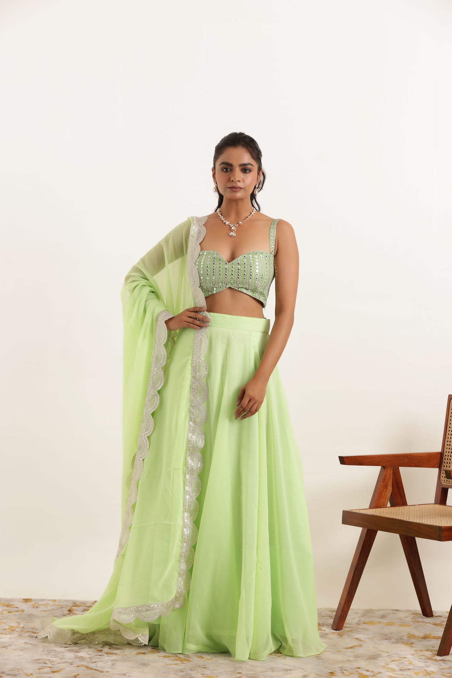 AISHA LIGHT NEON GREEN DETAILED LEEHNAG SET Deasha India