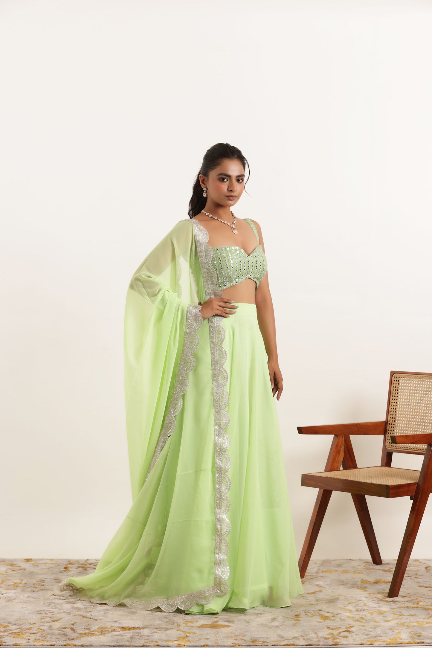 AISHA LIGHT NEON GREEN DETAILED LEEHNAG SET Deasha India