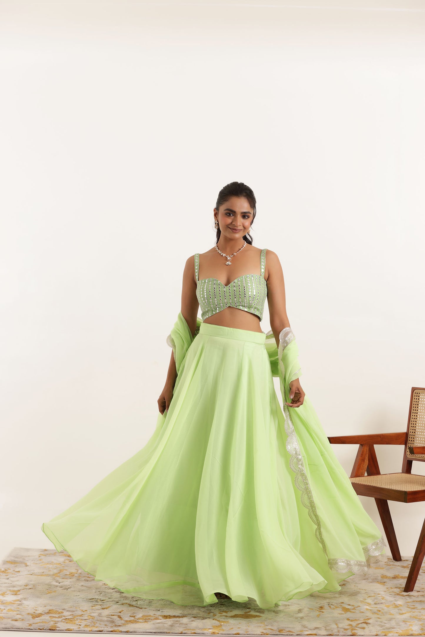 AISHA LIGHT NEON GREEN DETAILED LEEHNAG SET Deasha India