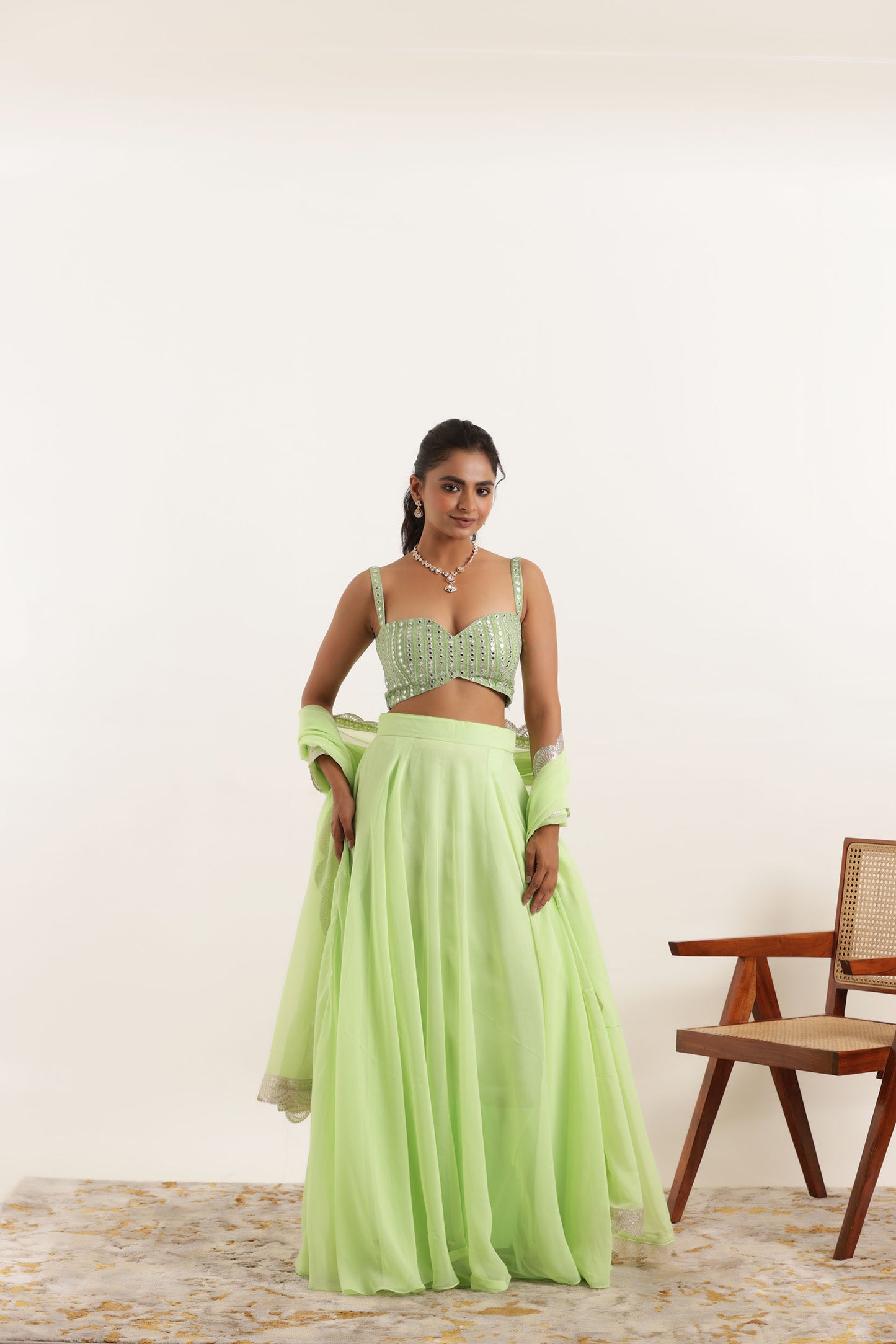 AISHA LIGHT NEON GREEN DETAILED LEEHNAG SET Deasha India
