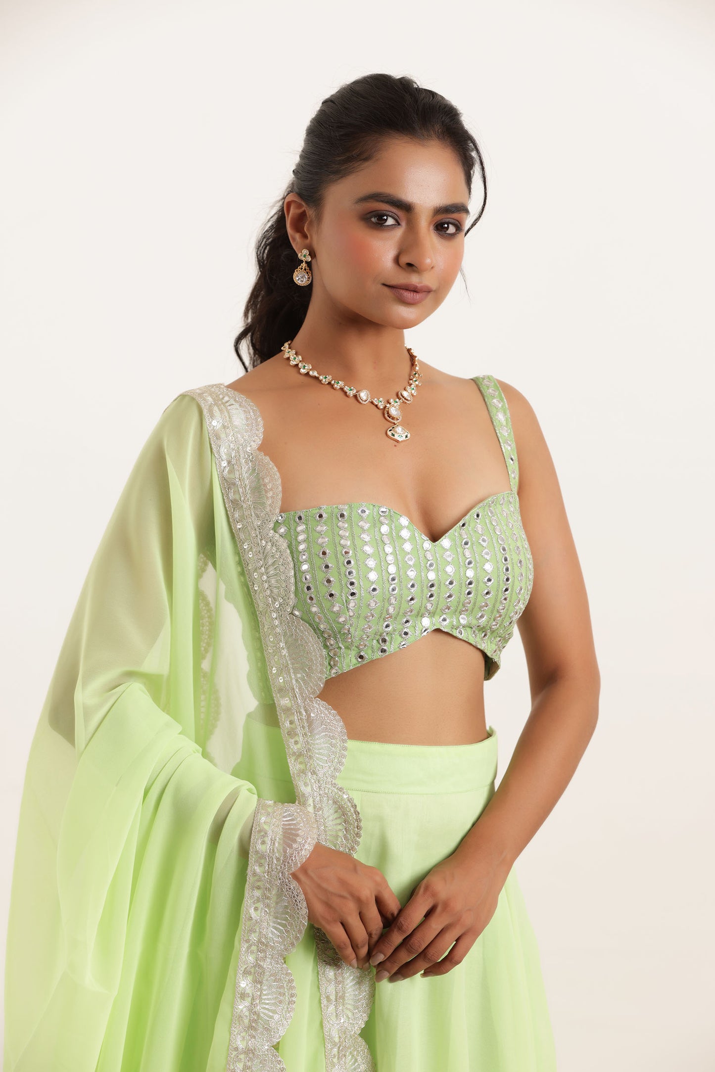 AISHA LIGHT NEON GREEN DETAILED LEEHNAG SET Deasha India
