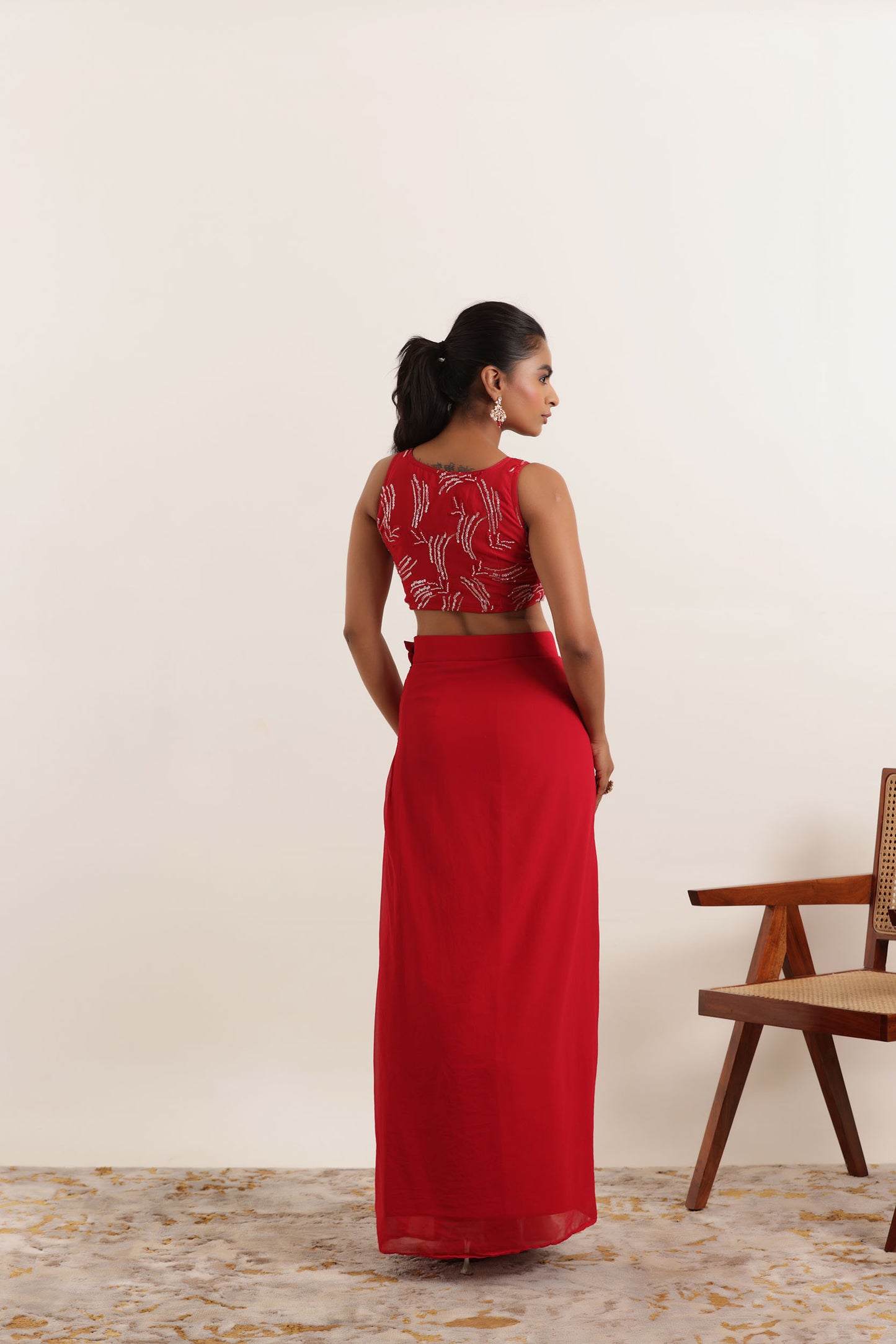 ARIA CHERRY RED PRE DRAPED SAREE Deasha India