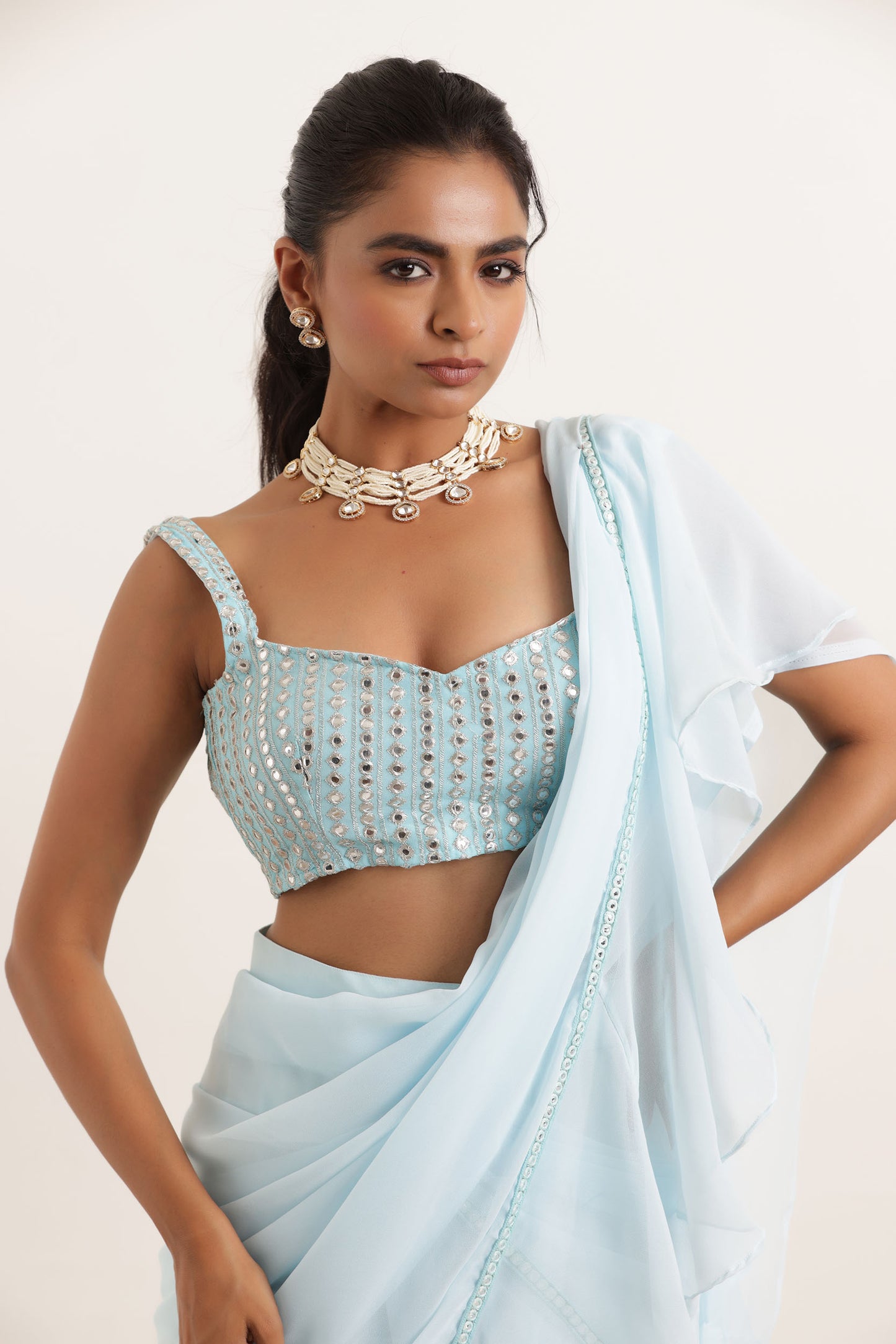 ANOUSHKA POWDER BLUE RUFFLE LEHENGA SAREE Deasha India