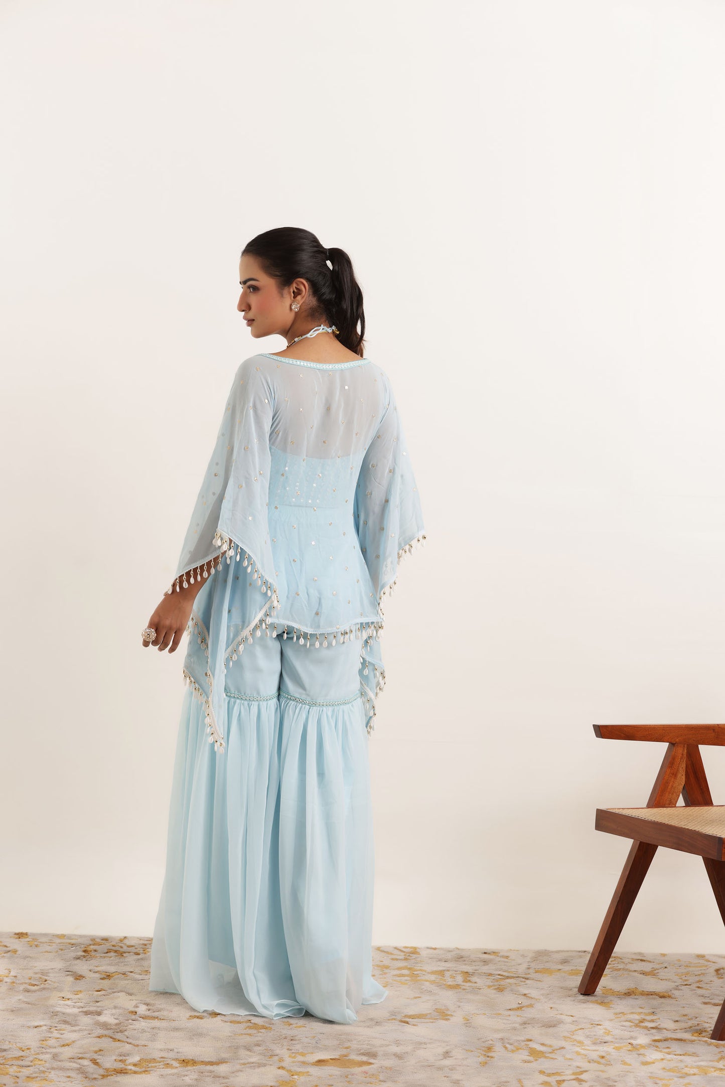 ARYA POWDER BLUE KAFTAN SHARARA FUSION SET Deasha India