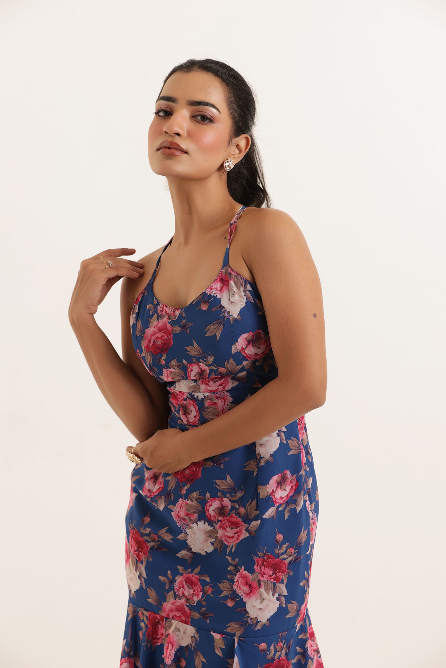 RIHANA BLUE FLORAL PRINTED RUFFLE LONG MAXI DRESS Deasha India