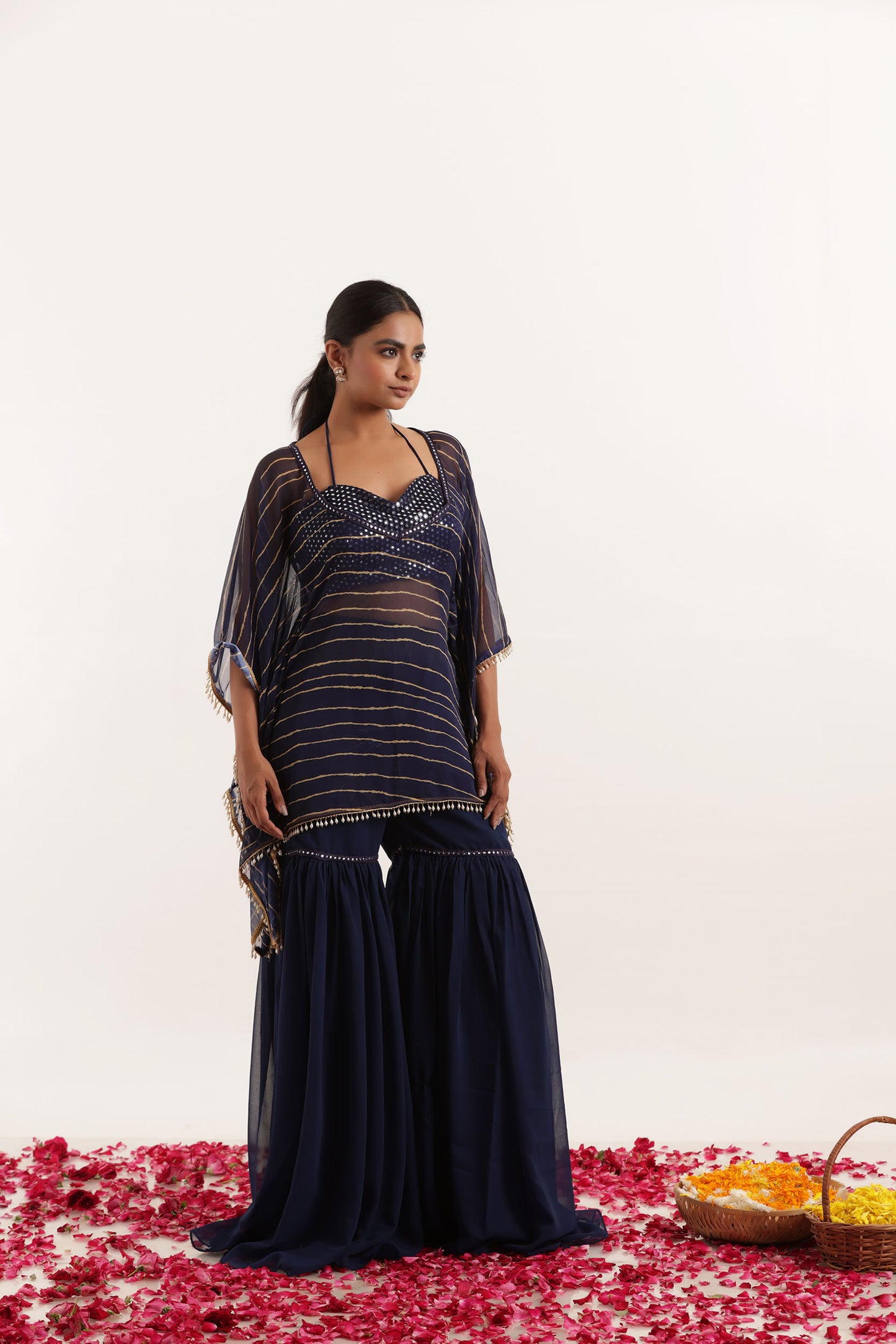 KIARA NAVY BLUE LEHERIYA SHARARA KAFTAN SET Deasha India