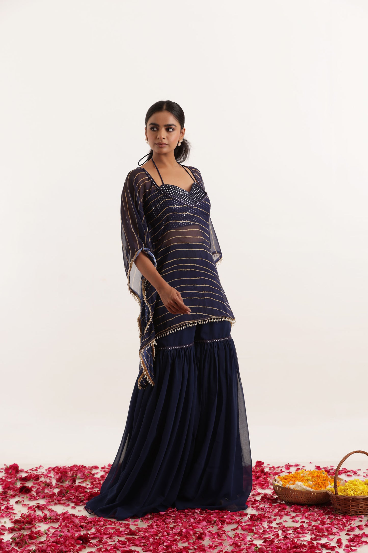 KIARA NAVY BLUE LEHERIYA SHARARA KAFTAN SET Deasha India