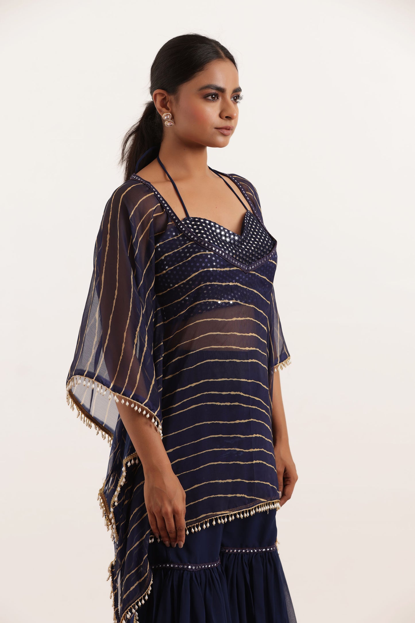 KIARA NAVY BLUE LEHERIYA SHARARA KAFTAN SET Deasha India