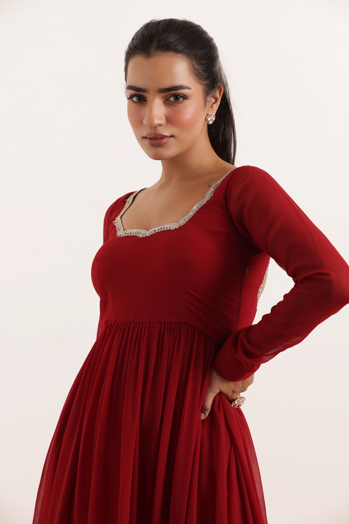 RINA MAROON RED TIERED ANARKALI SET Deasha India