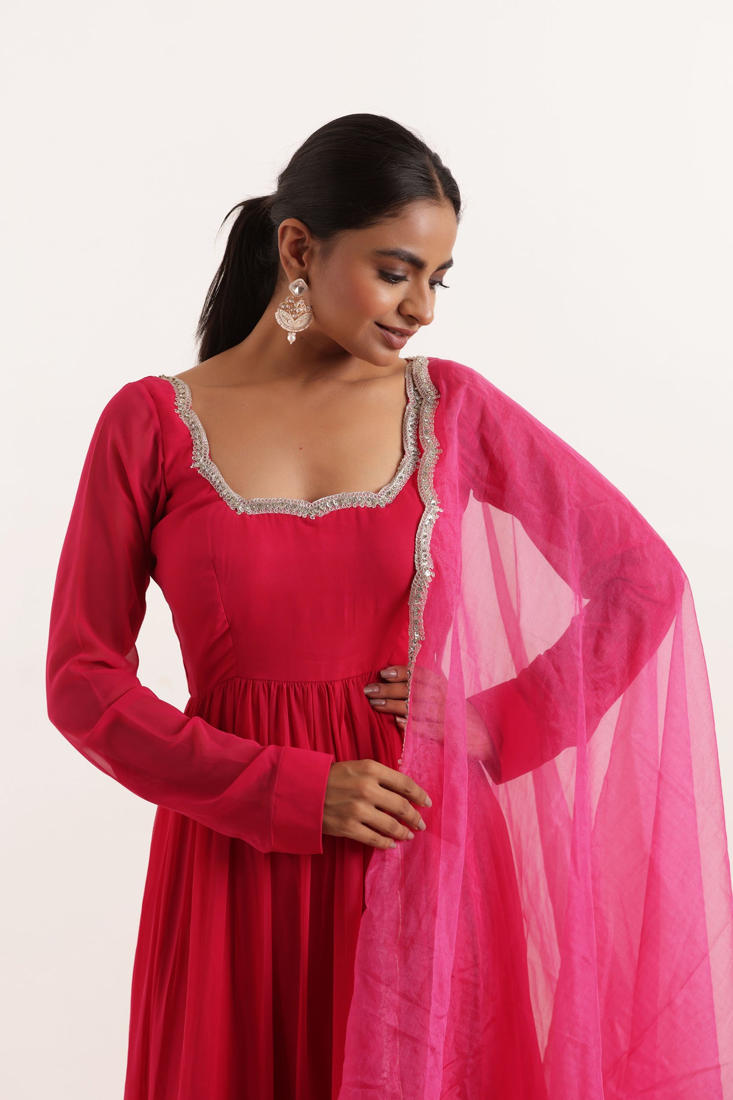 ISHITA MAGENTA PINK TIERED ANARKALI SET Deasha India