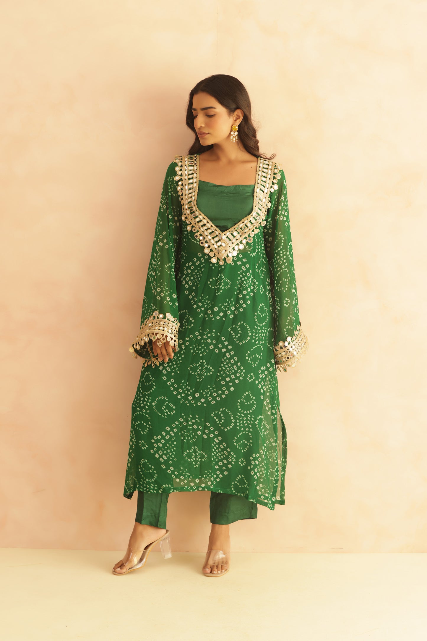 EDITHA GREEN BANDHEJ MIRROR WORK FUSION SET