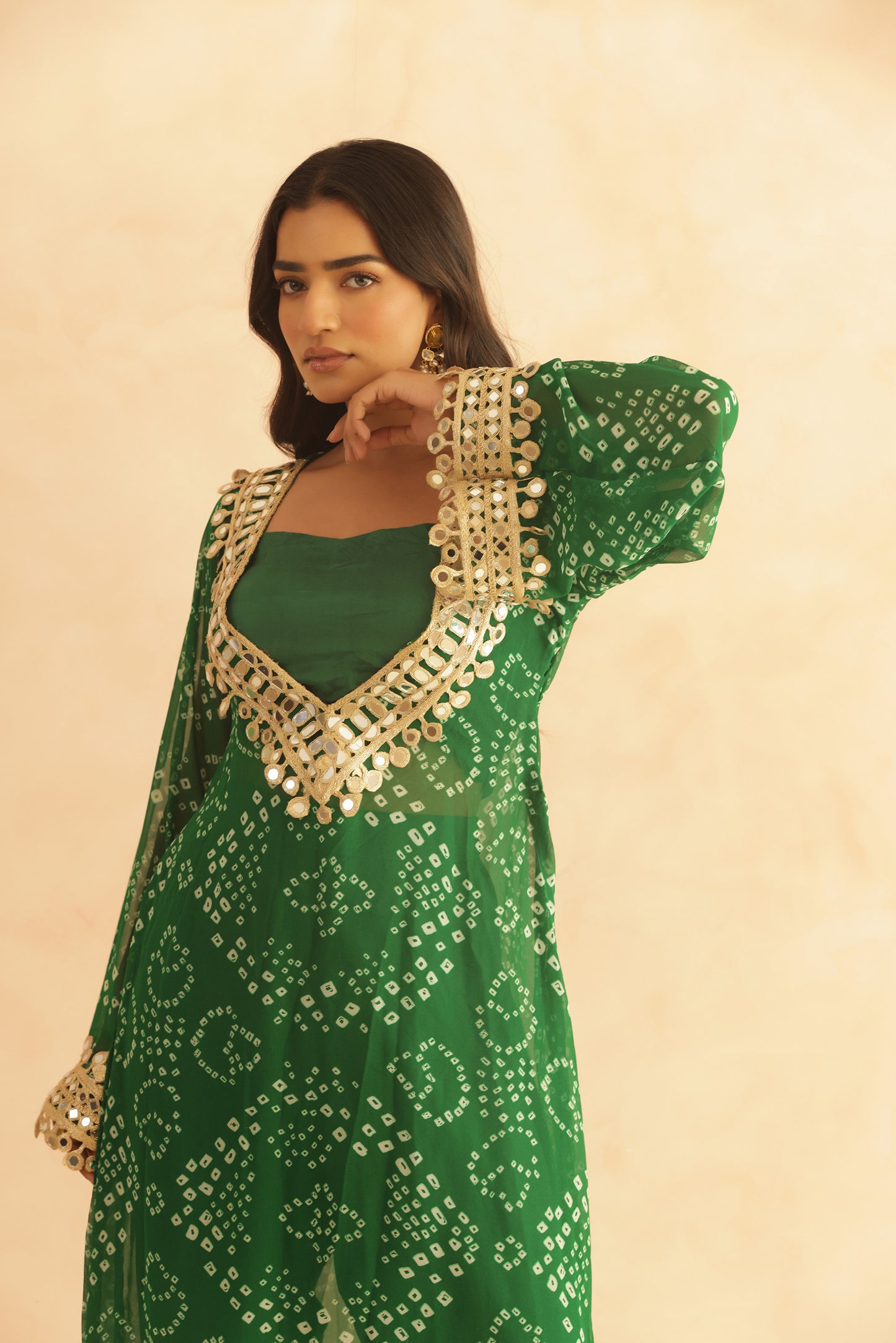 EDITHA GREEN BANDHEJ MIRROR WORK FUSION SET