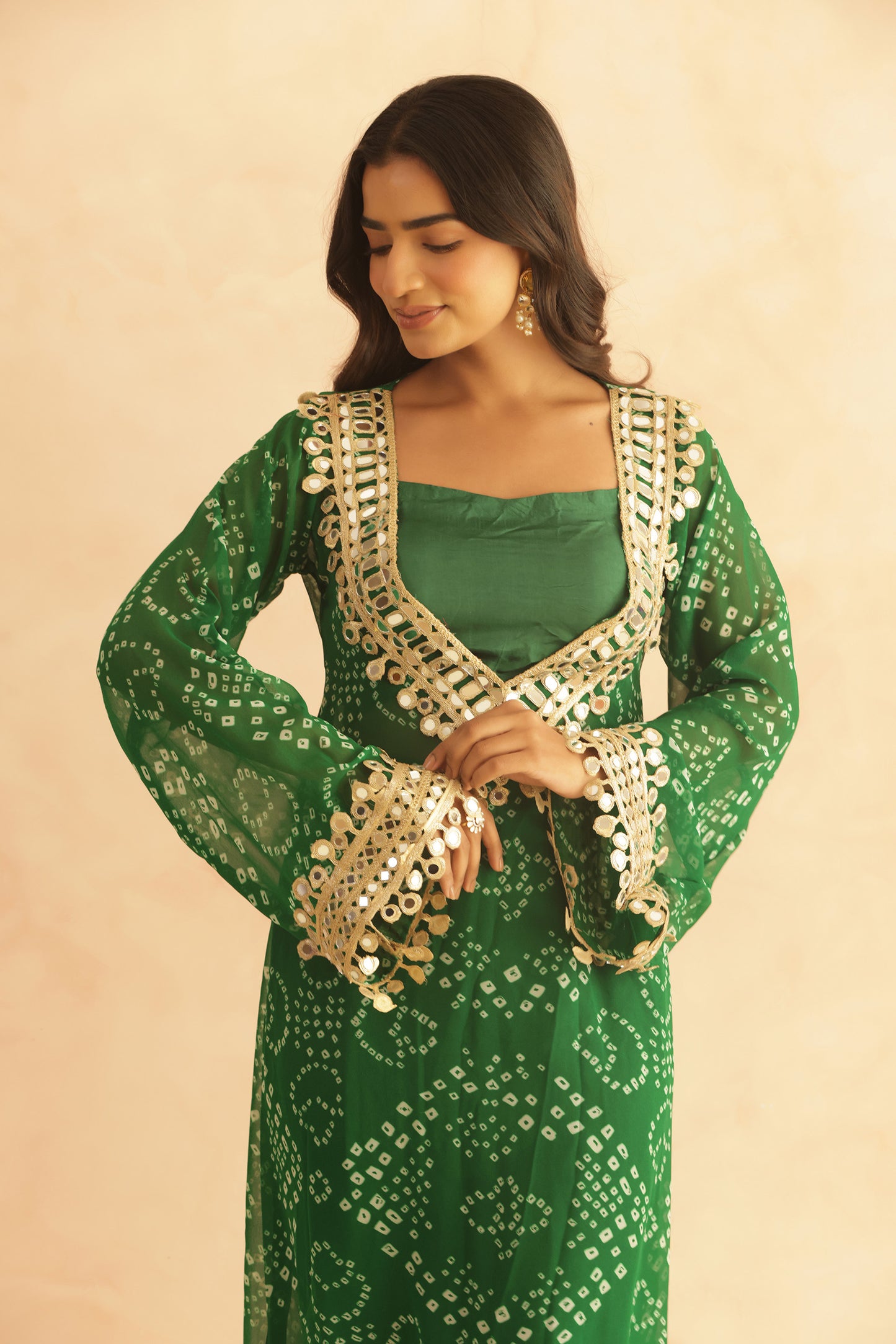 EDITHA GREEN BANDHEJ MIRROR WORK FUSION SET