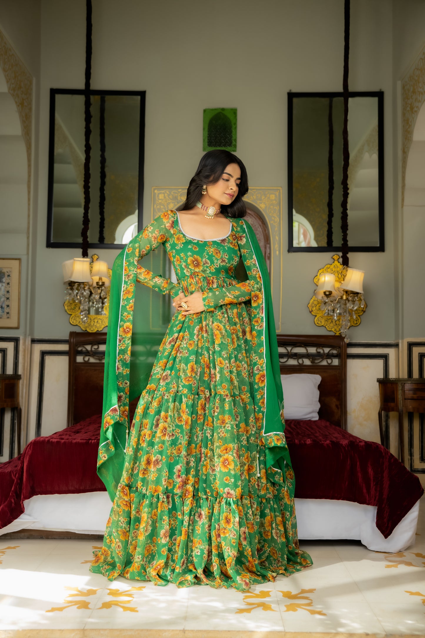 ISHYA GREEN FLORAL PRINTED TIERED ANARKALI SET Deasha India