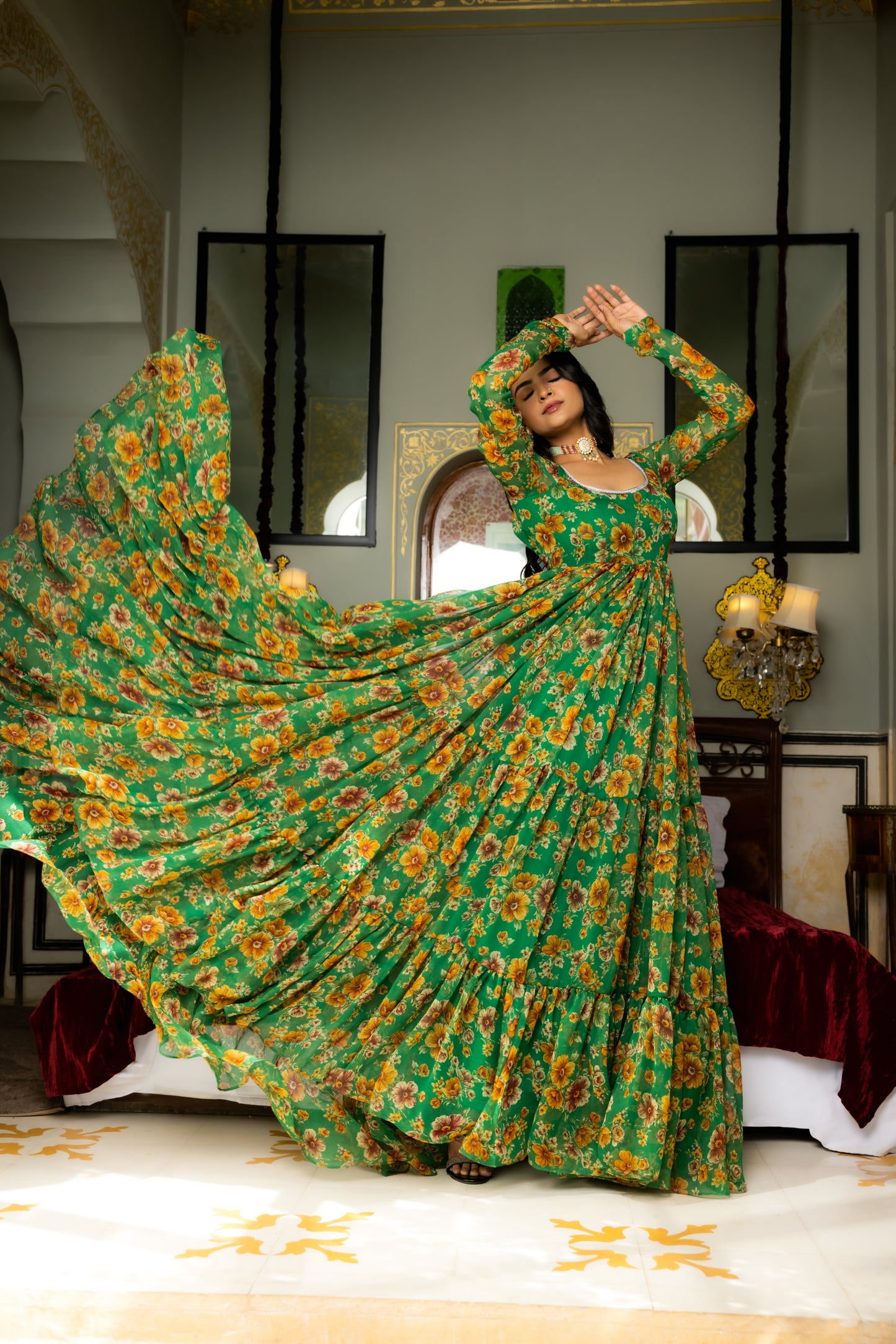 ISHYA GREEN FLORAL PRINTED TIERED ANARKALI SET Deasha India