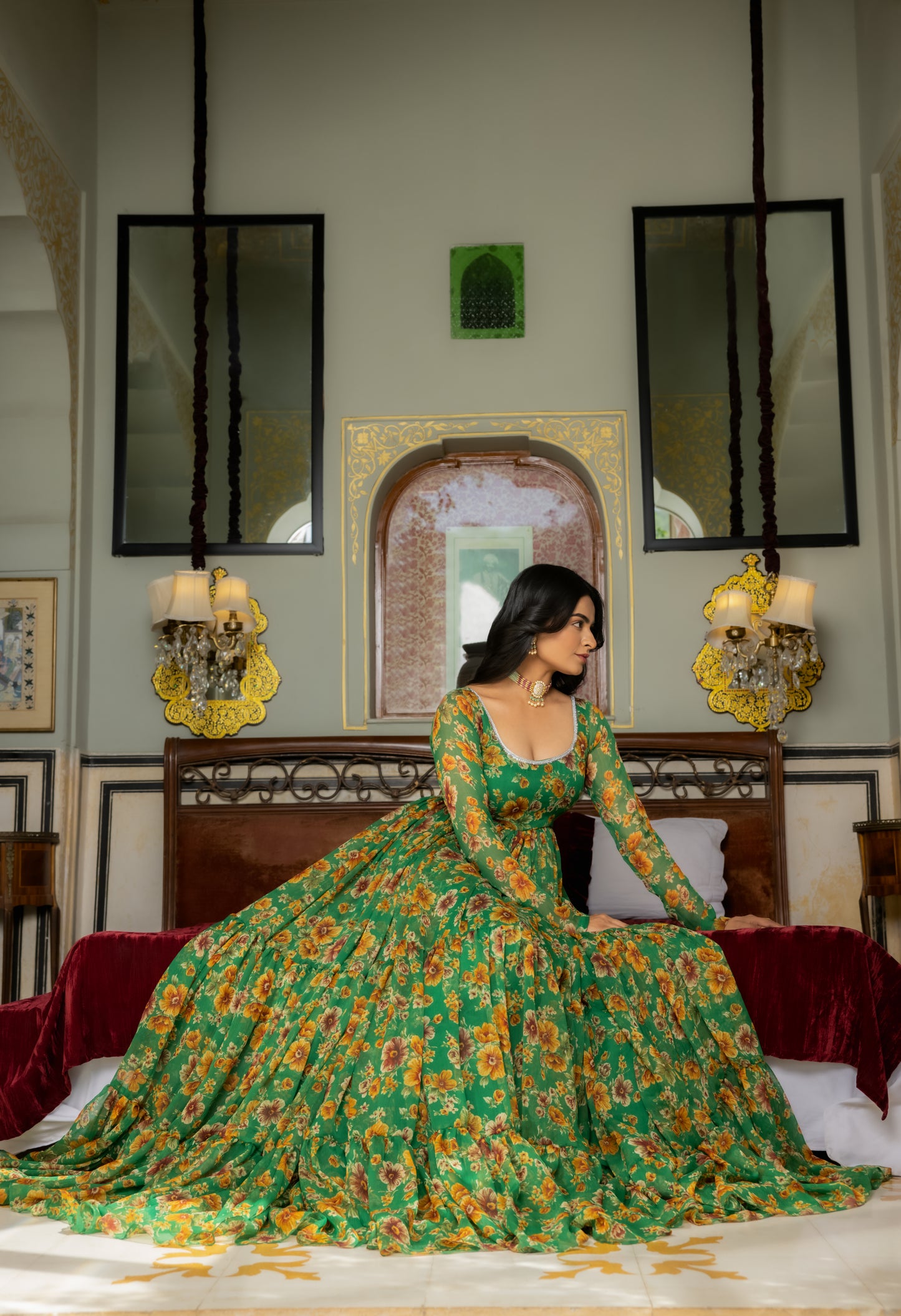 ISHYA GREEN FLORAL PRINTED TIERED ANARKALI SET Deasha India