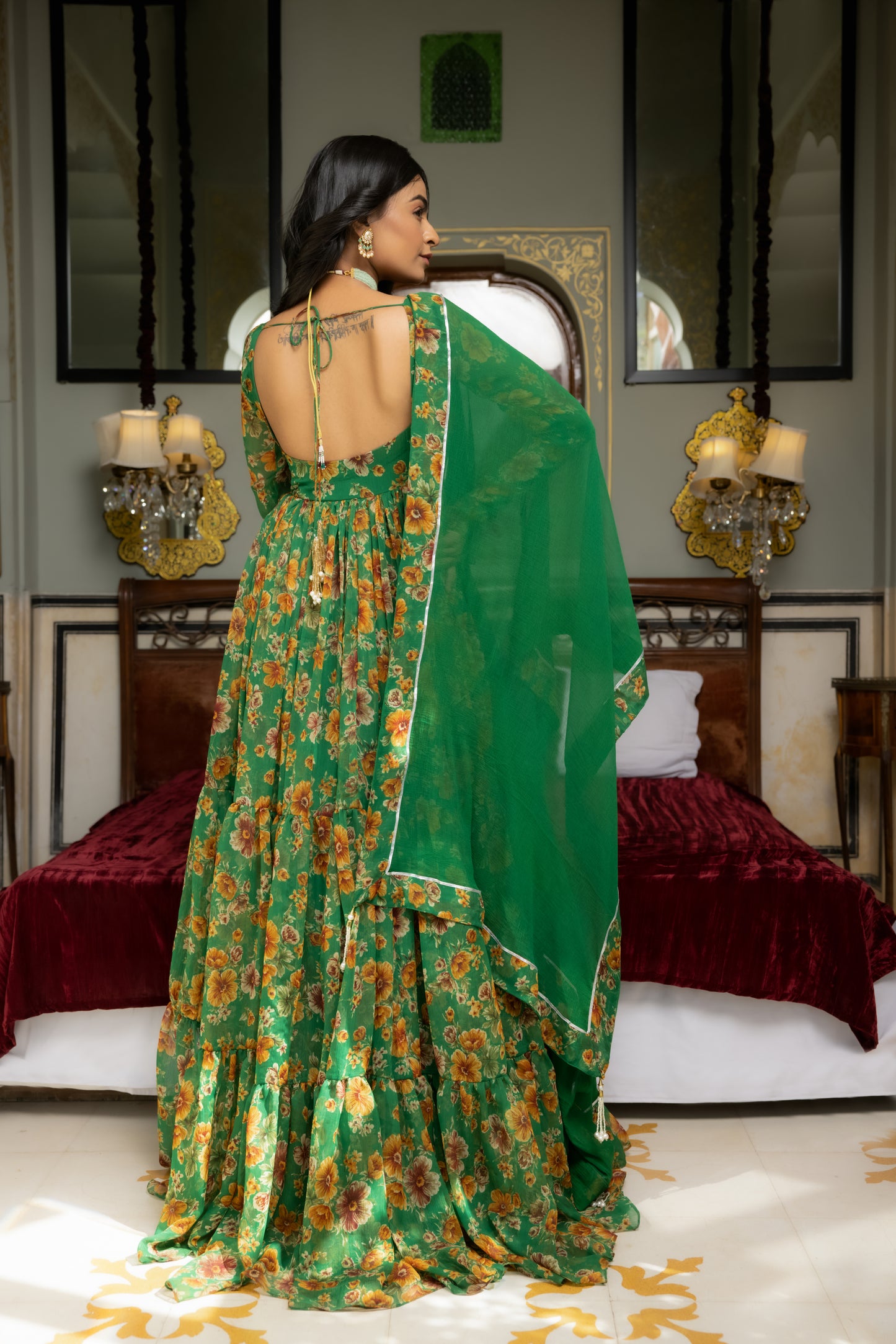 ISHYA GREEN FLORAL PRINTED TIERED ANARKALI SET Deasha India