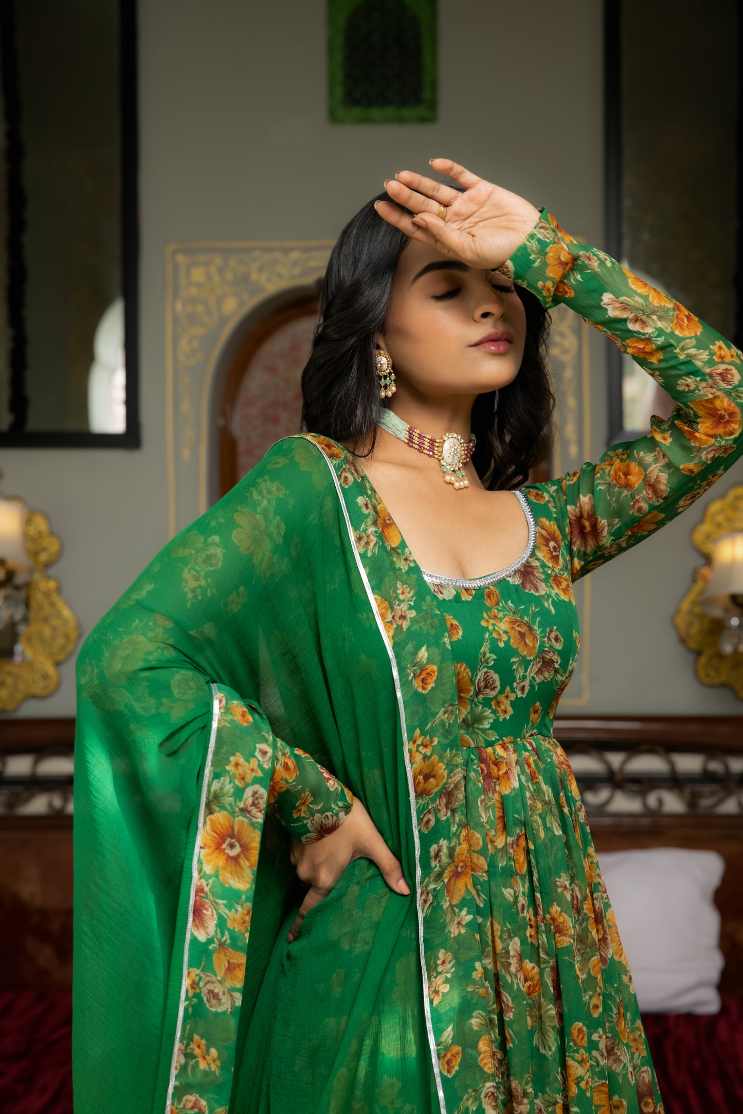 ISHYA GREEN FLORAL PRINTED TIERED ANARKALI SET Deasha India