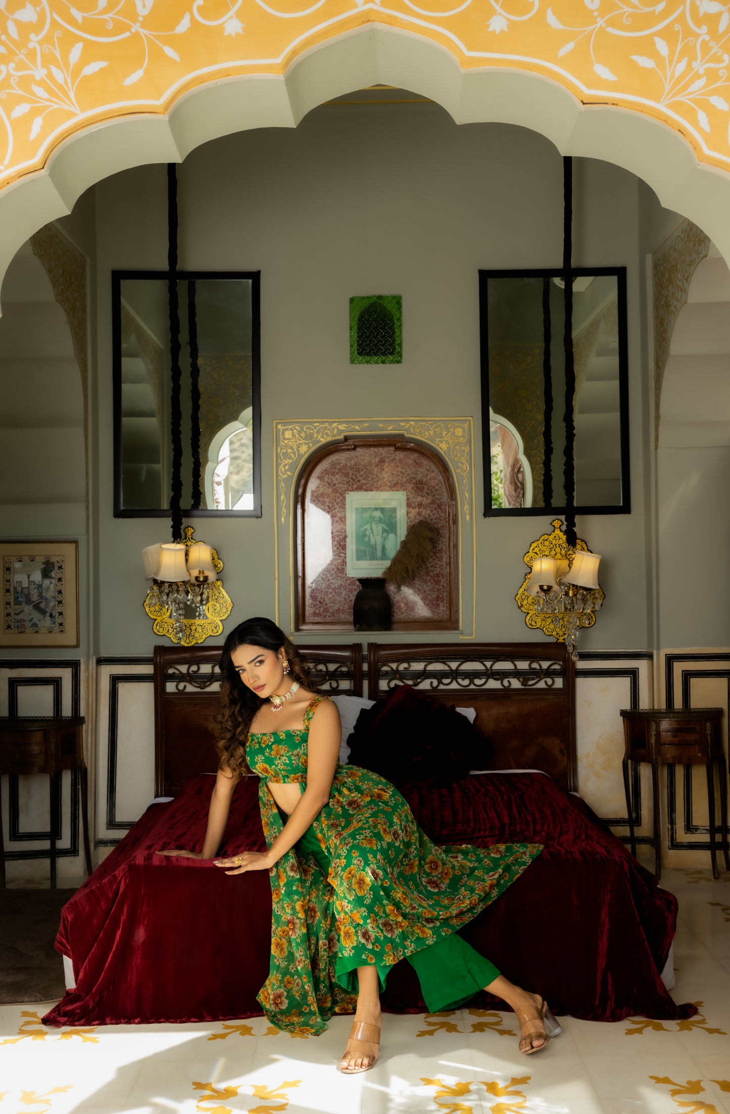 IRHA GREEN FLORAL PRINTED KURTA WITH FLARED PANTS Deasha India