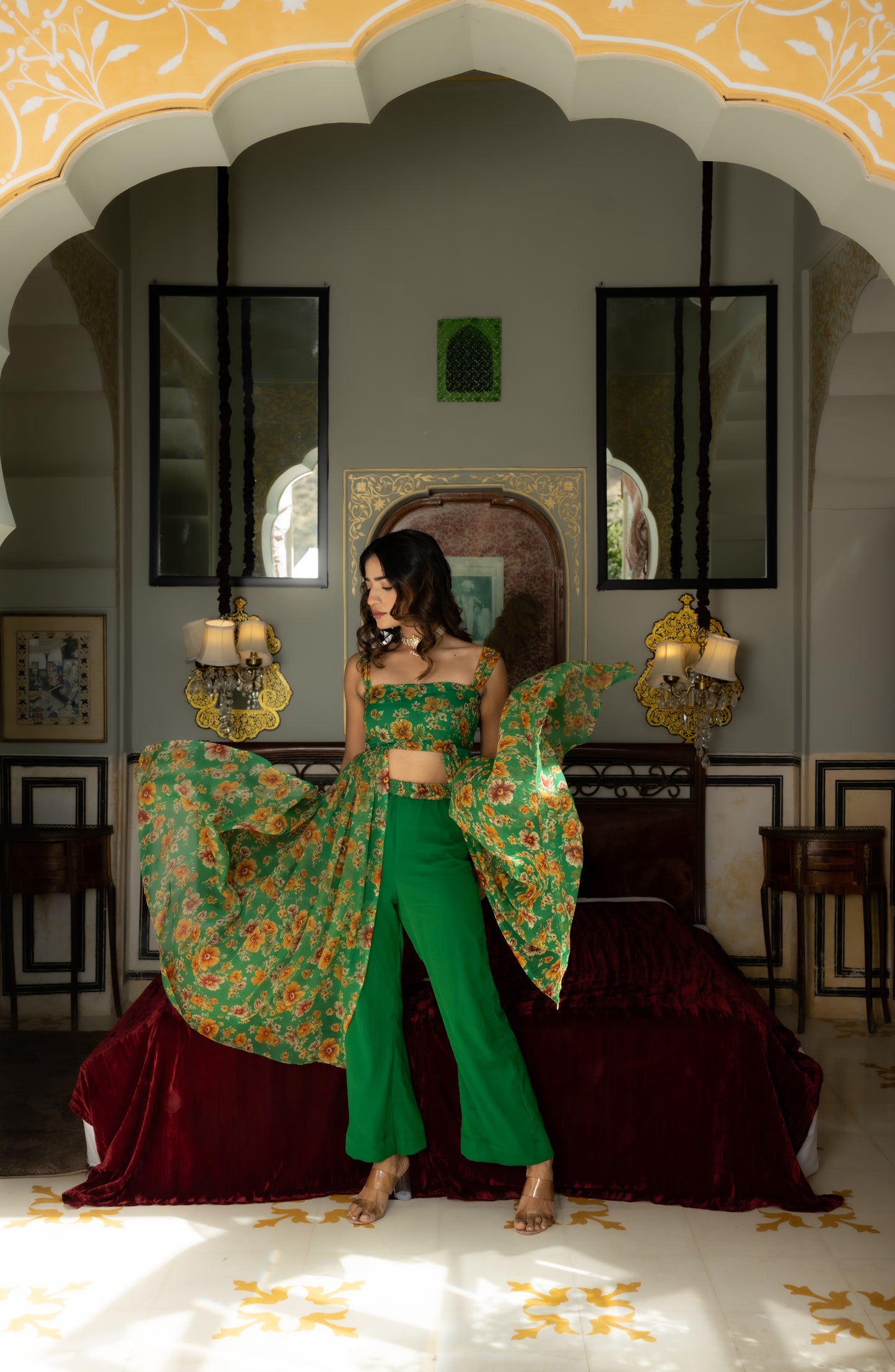 IRHA GREEN FLORAL PRINTED KURTA WITH FLARED PANTS Deasha India