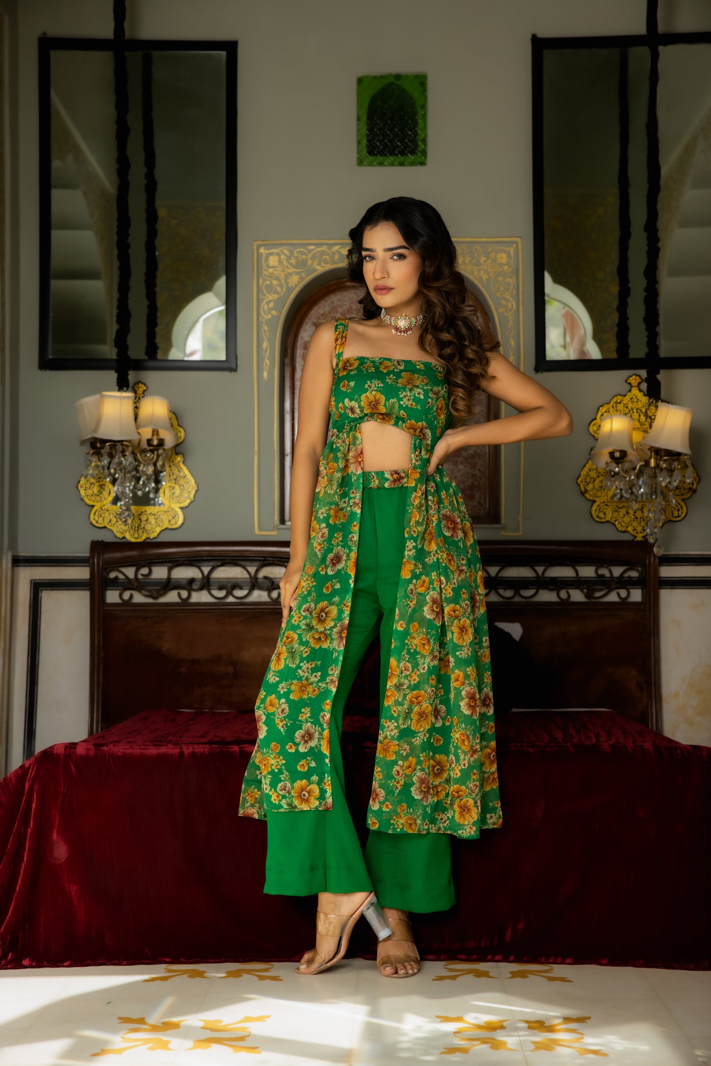 IRHA GREEN FLORAL PRINTED KURTA WITH FLARED PANTS Deasha India