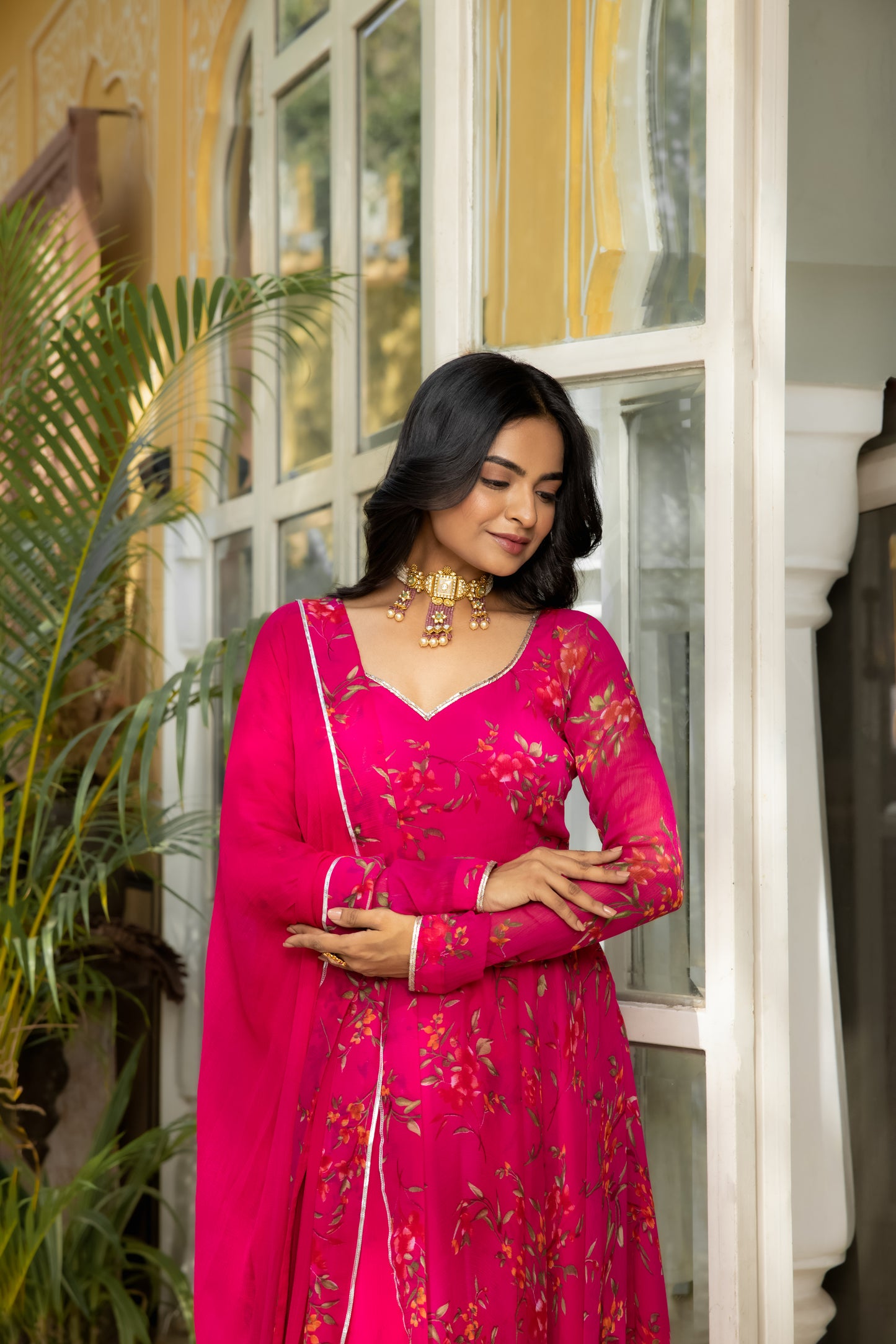IDIKA MAGENTA PINK FLORAL PRINTED ANARKALI SET Deasha India