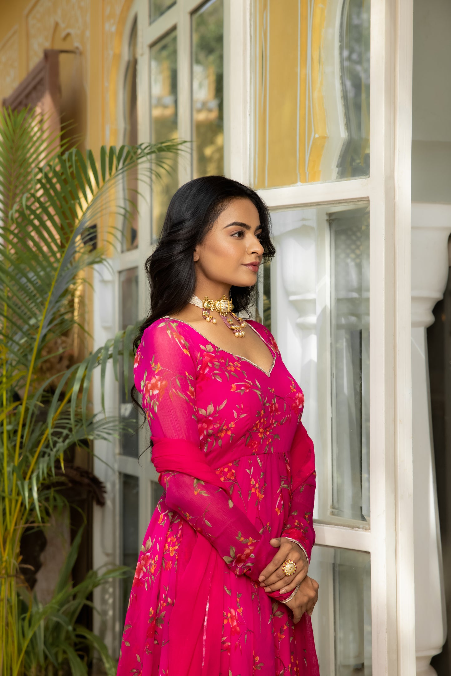 IDIKA MAGENTA PINK FLORAL PRINTED ANARKALI SET Deasha India