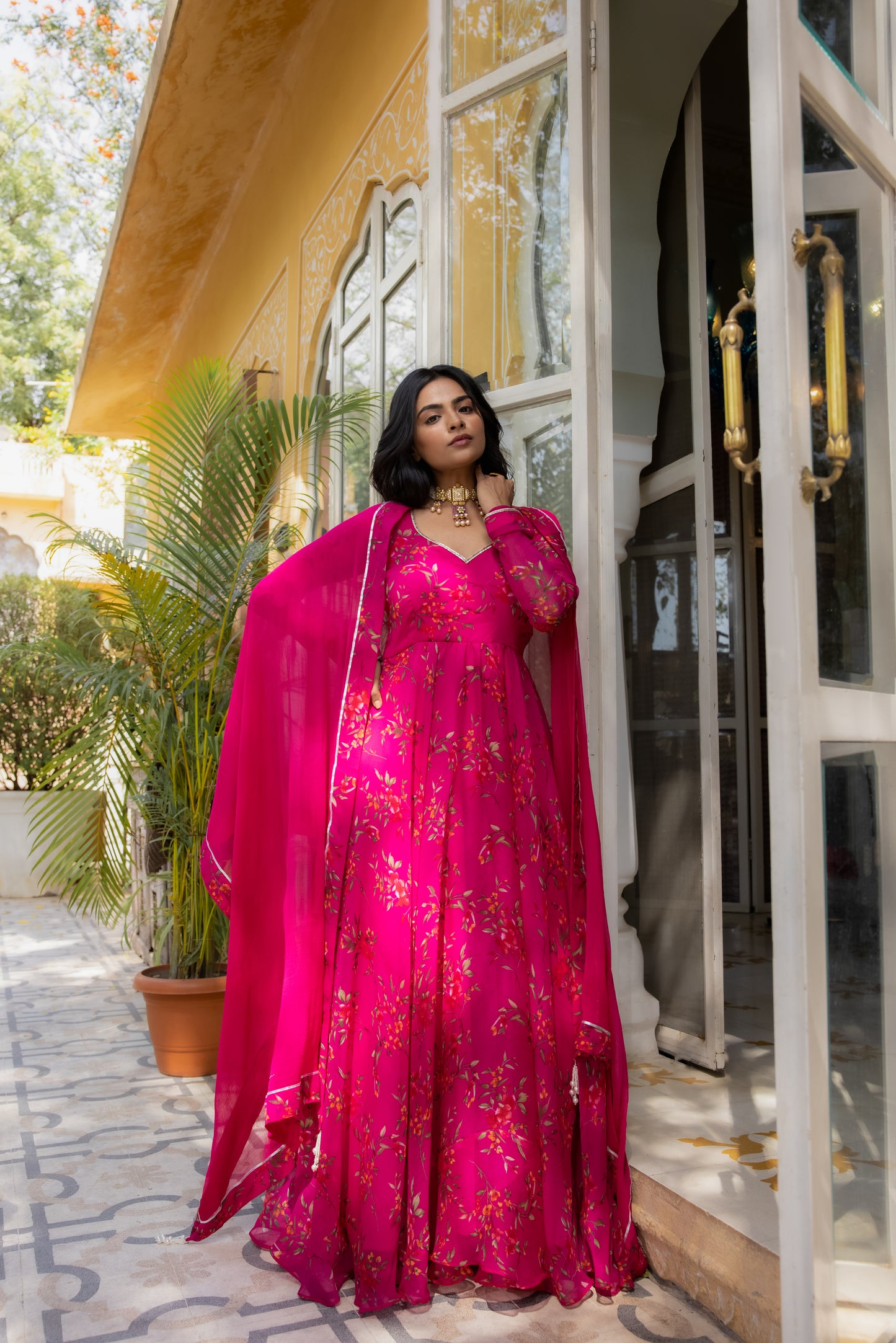 IDIKA MAGENTA PINK FLORAL PRINTED ANARKALI SET Deasha India
